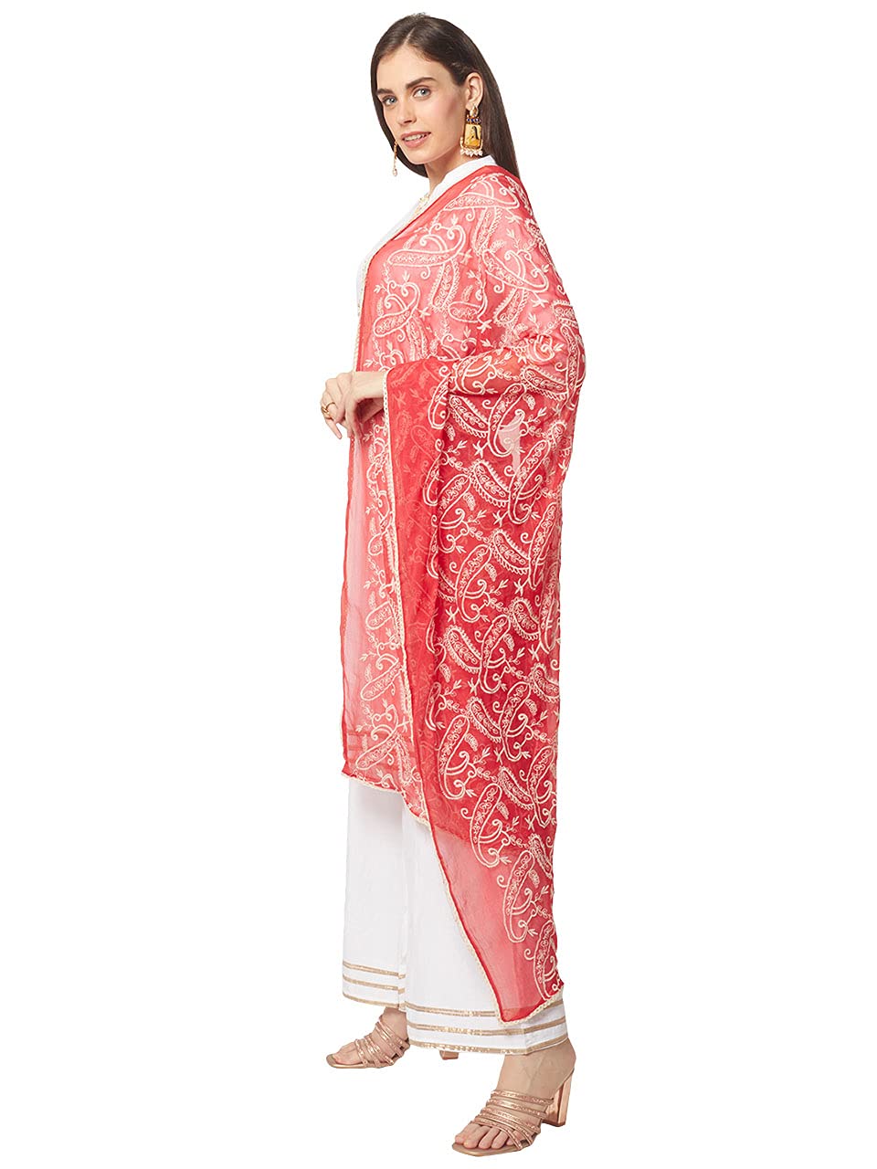 Elegant Red & White Embroidered Chiffon Dupatta Scarf for Women - Perfect for Weddings, Parties & Festive Occasions