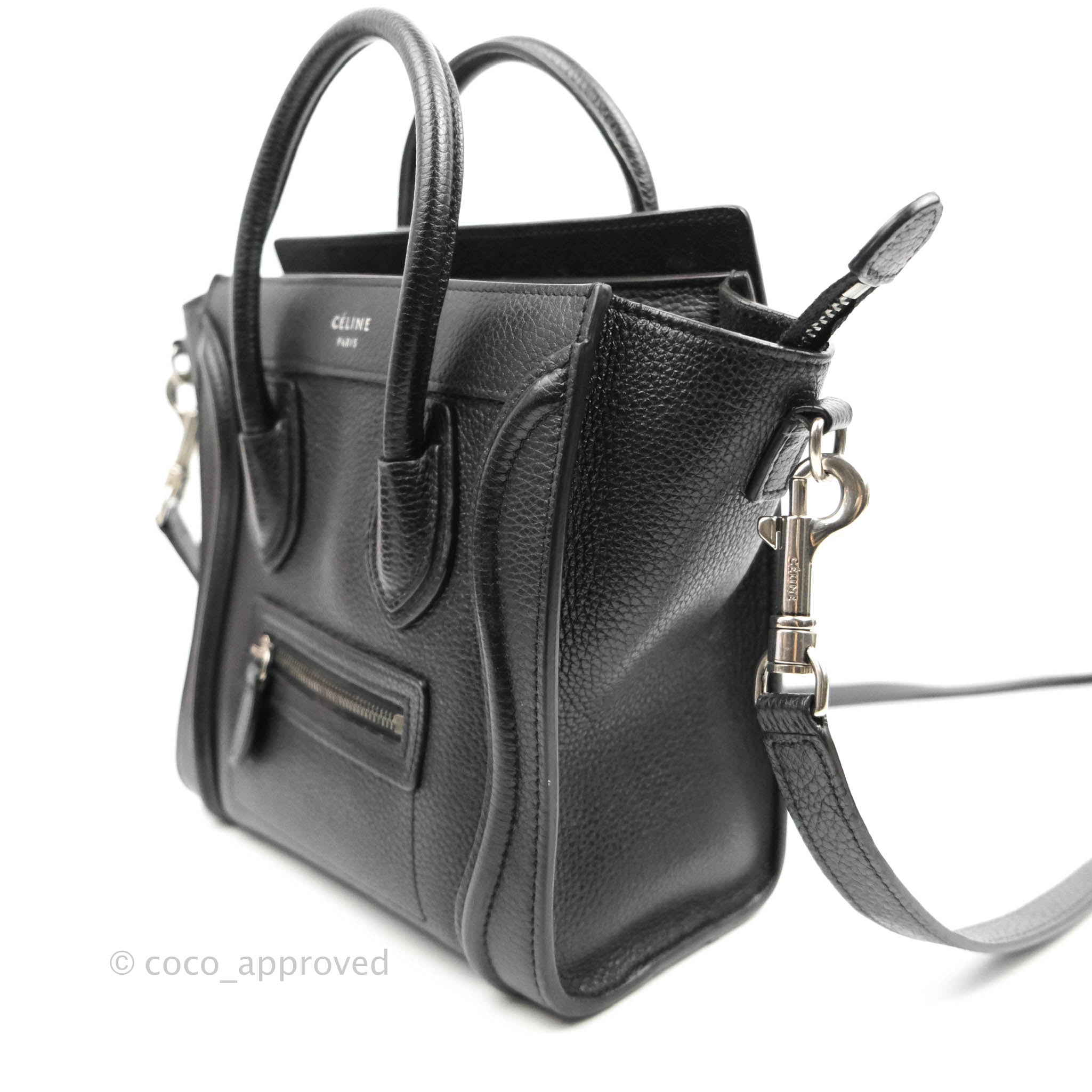Celine Nano Luggage Bag in Black Drummed Calfskin with Silver Hardware - Perfect for Work, Travel & Everyday Use