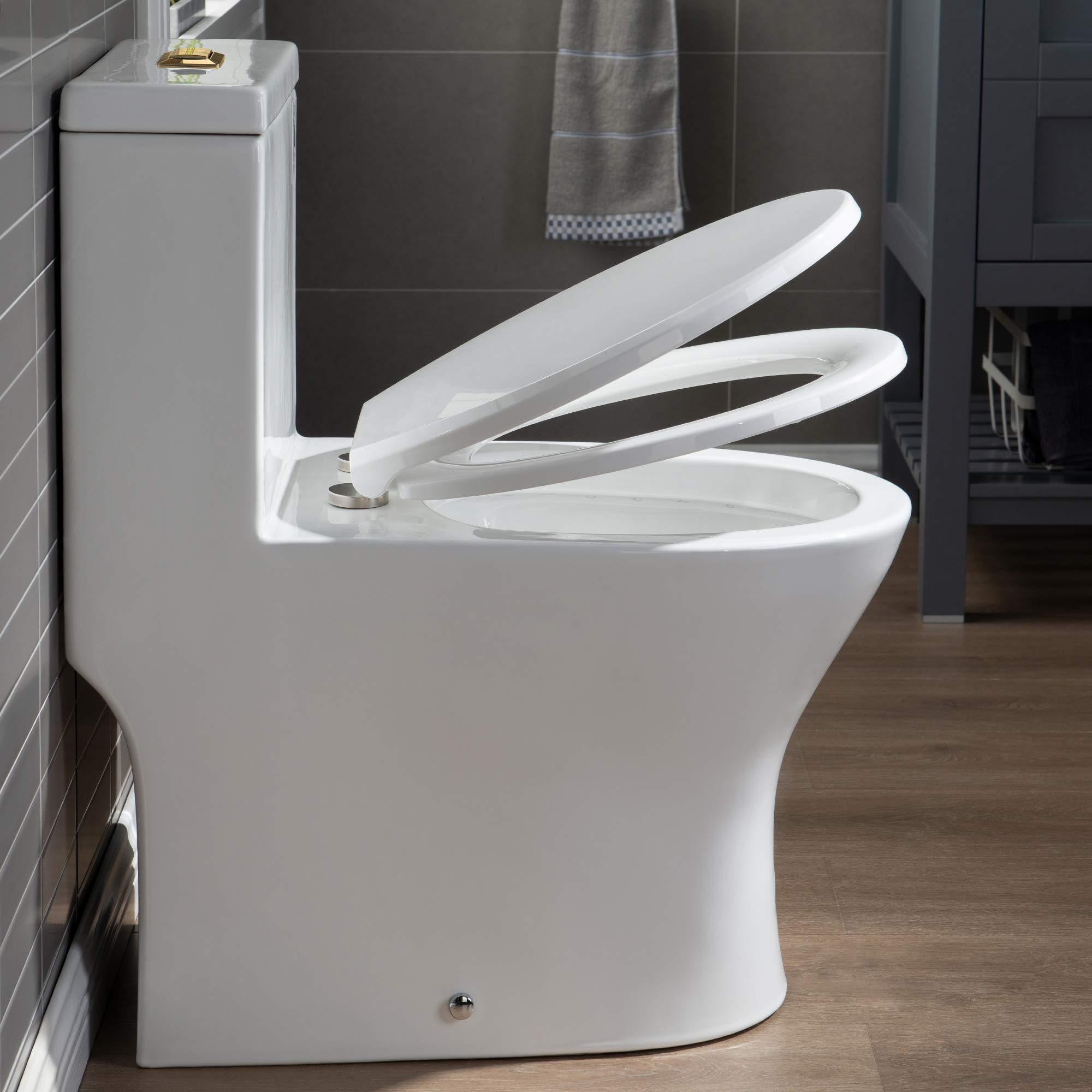 WOODBRIDGE Compact Dual Flush 1.28 GP One Piece Toilet with Soft Closing Seat - 1000 Gram MaP Flushing Score - Small Bathroom Toilet with Brushed Gold Button (B0500-BG, White) - Perfect for Tiny Bathrooms, Powder Rooms & Space-Saving Home Renovations