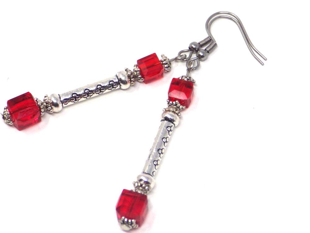 Red Glass Dangling Column Earrings - Stainless Steel Jewelry for Women, Elegant Party & Evening Wear Accessories