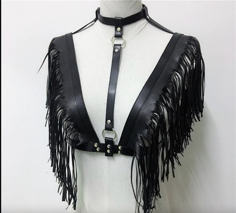 Gothic Leather Hollow Out Crop Top for Women - Chain & Tassel Tank Top, Biker Style Cowgirl Faux Leather Top, SM - Perfect for Rave, Festival & Biker Fashion