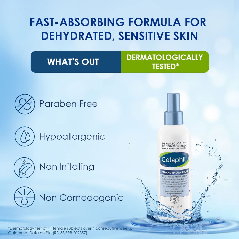 Cetaphil Optimal Hydration Body Spray Moisturizer 207ml - Lightweight Non-Greasy Face & Body Moisturizer with Hyaluronic Acid, Sunflower Oil & Blue Daisy Extract | Hydrating Skincare for Dry Skin, Post-Workout & Daily Use