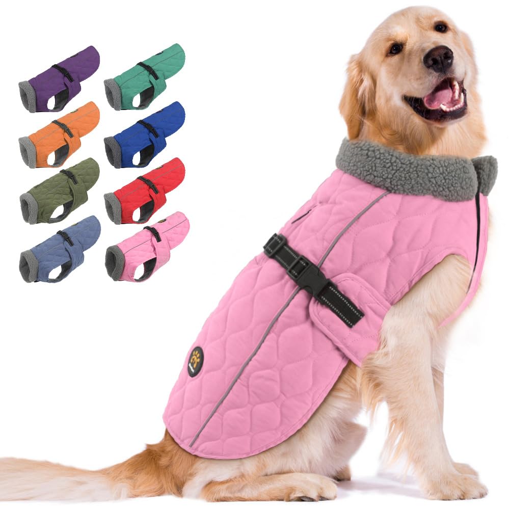 **Warm Fleece-Lined Dog Winter Coat - Adjustable Windproof Jacket for Small, Medium & Large Dogs - Quick Release Buckle - Pink - Perfect for Cold Weather Walks & Outdoor Adventures**