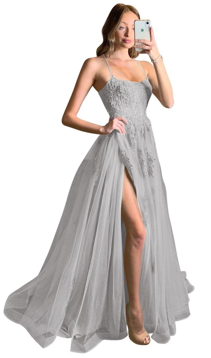 Elegant Tulle Spaghetti Strap Prom Dresses for Women - Long Formal Ball Gowns with Lace Appliques for Evening Parties, Homecoming & Special Occasions
