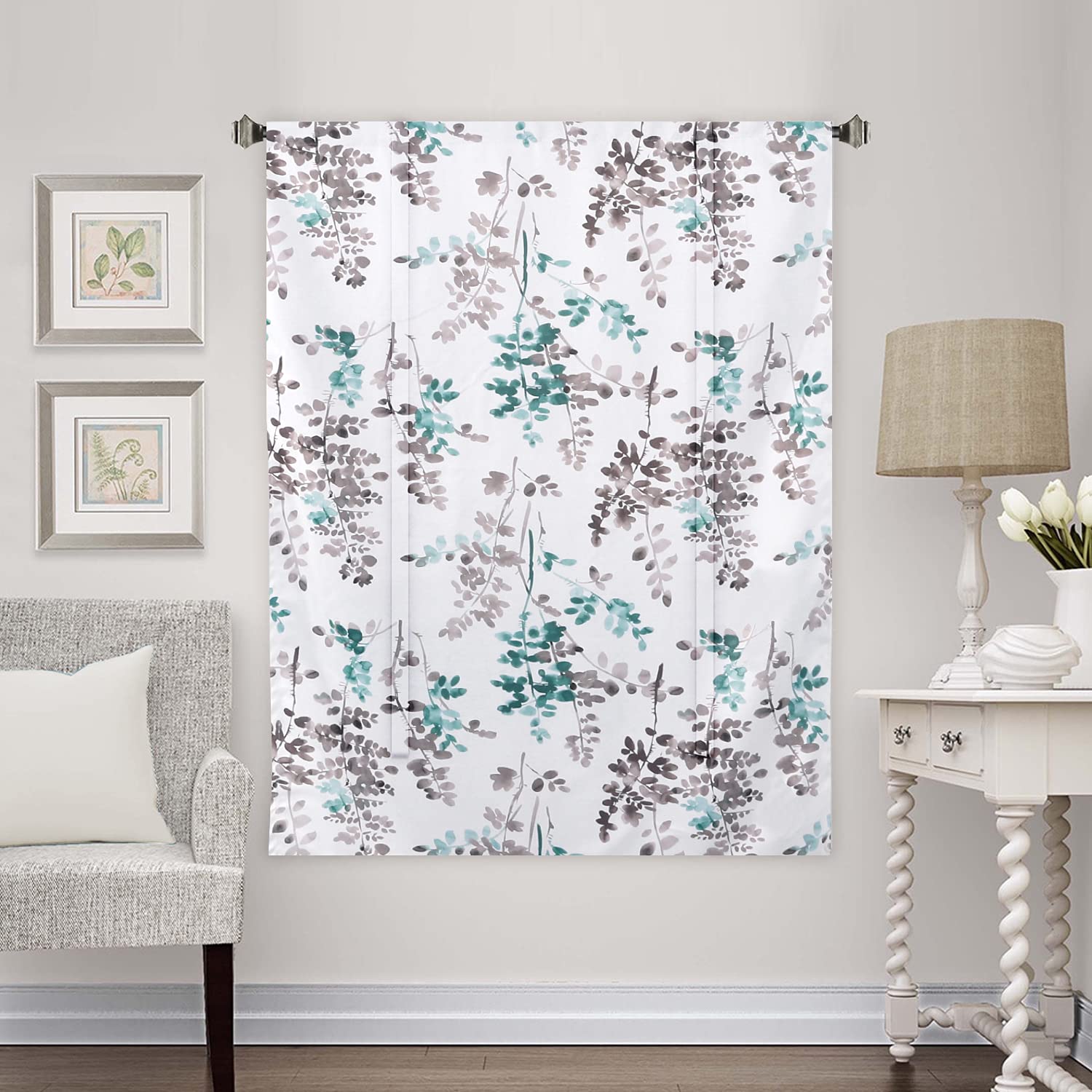 Thermal Insulated Blackout Tie-Up Curtains for Small Windows - Adjustable Kitchen Curtains with Rod Pocket Panel, Floral Pattern in Grey & Turquoise (42