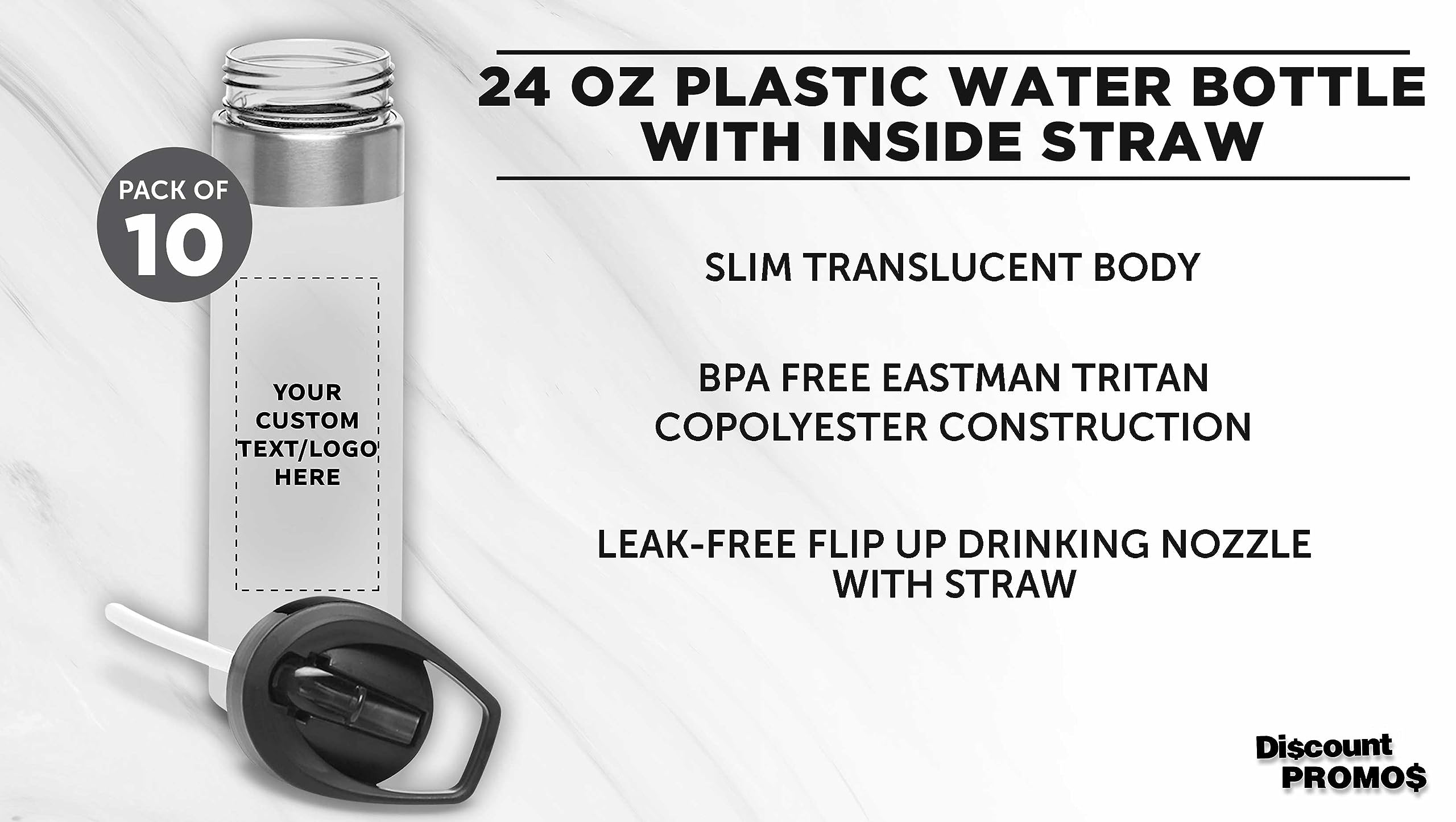 Custom 24 oz Plastic Water Bottle with Straw - 10 Pack BPA-Free Tritan Copolyester Bottles | Personalized Text, Flip Lid & Screw-On Cap | Slim Clear Design for Gym, Office & Outdoor Activities