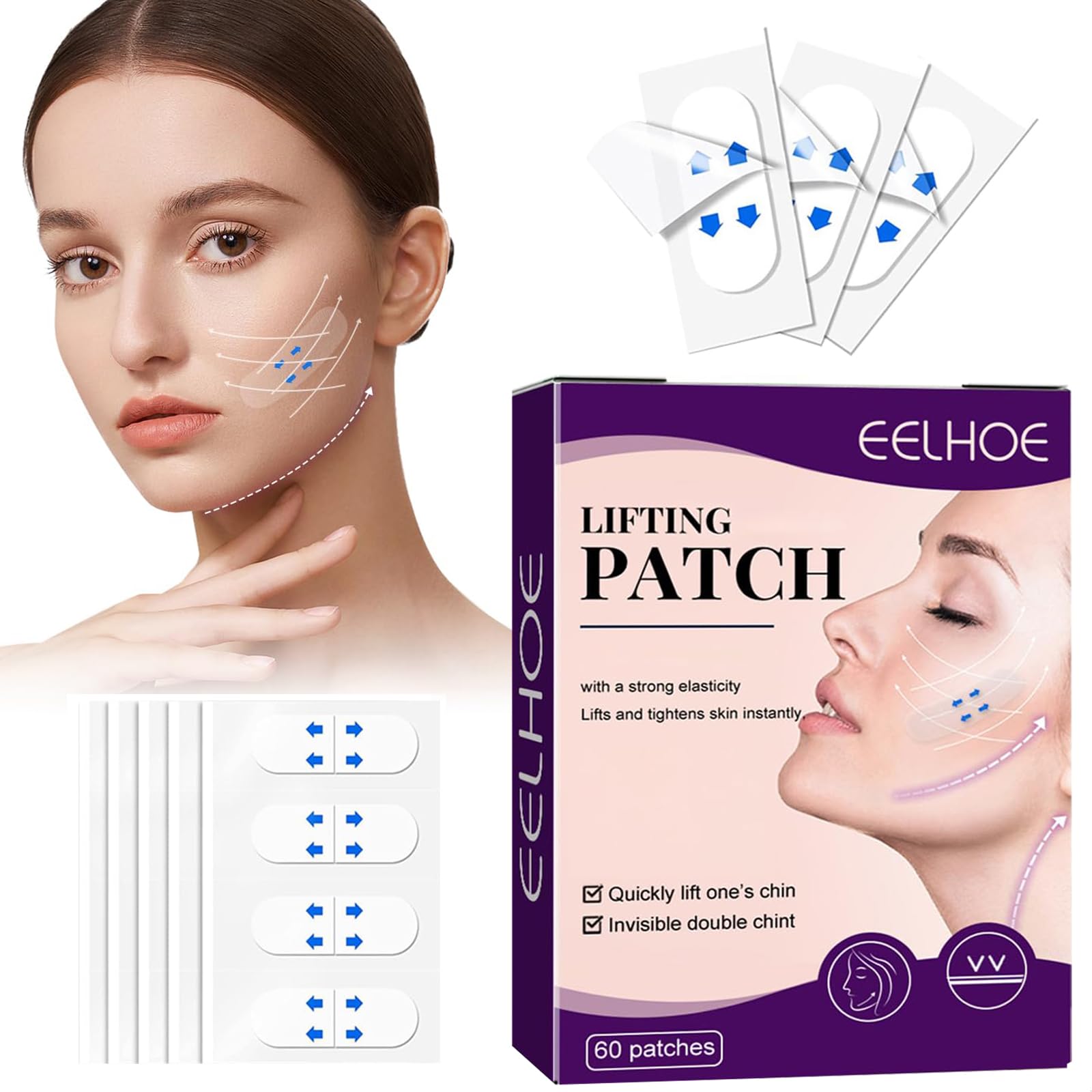 60 PCS Face Lift Tape – Invisible Neck & Double Chin Lifting Tape for Wrinkles & Sagging Skin | Overnight Firming Face Tape for Eyes, Neck & Jawline | Instant Facelift Solution for Parties, Photos & Special Events