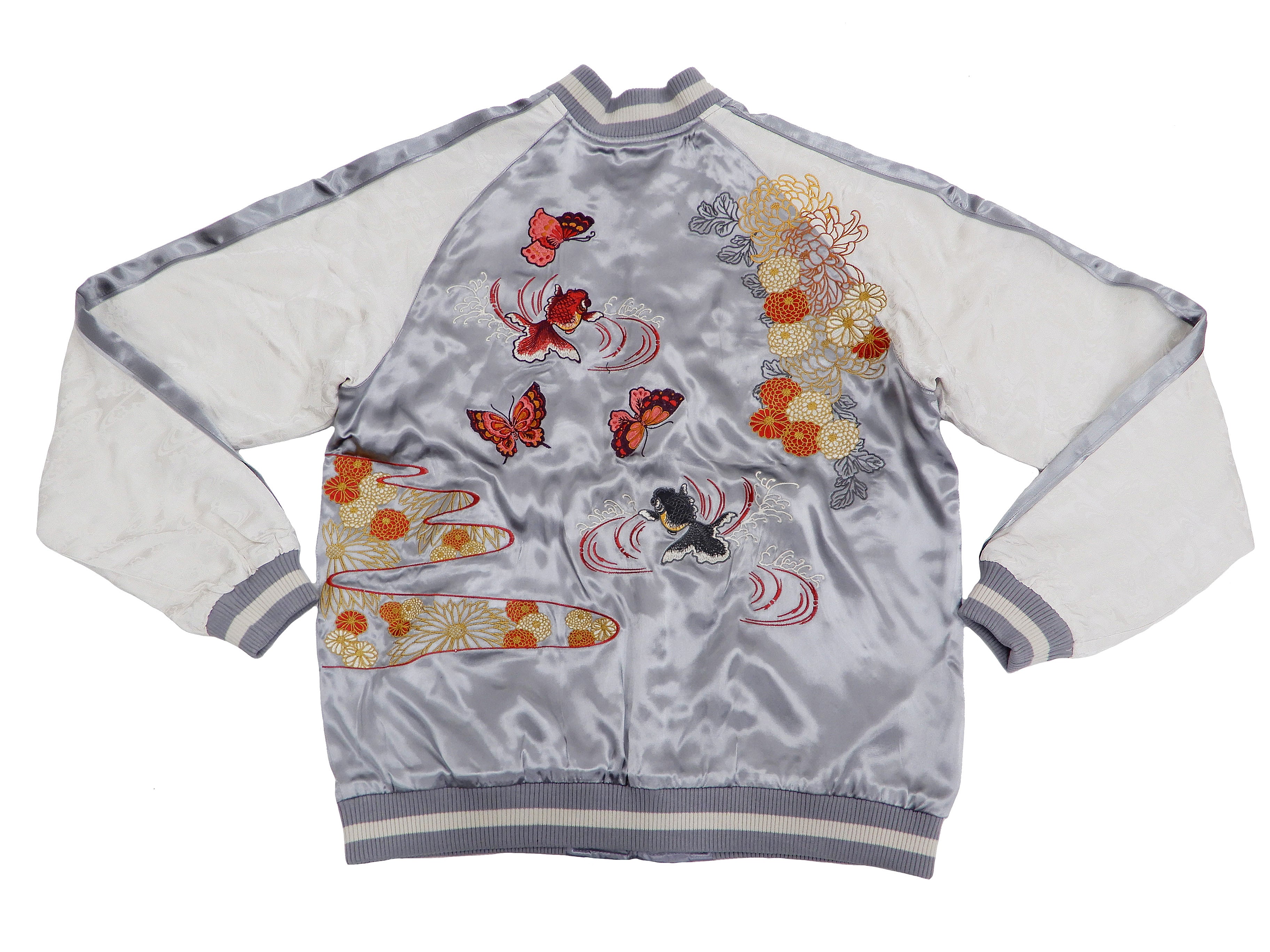 Japanese Souvenir Jacket for Men - Goldfish Embroidery Sukajan Bomber (3RSJ 701 Gray/Off) - Vintage Asian Streetwear for Casual Wear & Fashion Statement