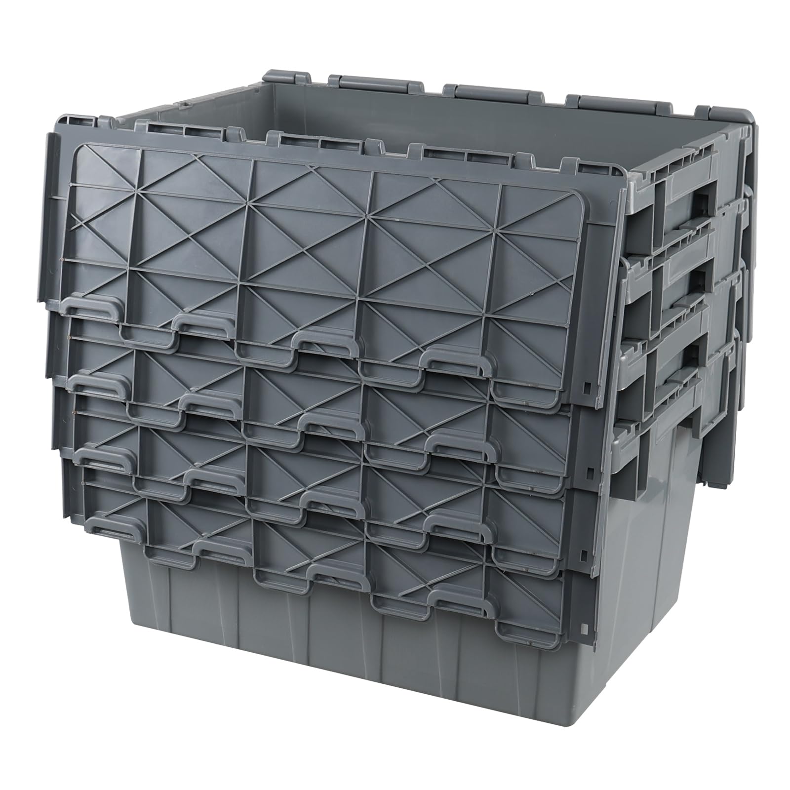 15 Gallon Industrial Plastic Storage Tote with Hinged Lid - 4-Pack Stackable Flip-Top Containers for Warehouse, Garage & Workshop Organization - Heavy-Duty Gray Storage Bins