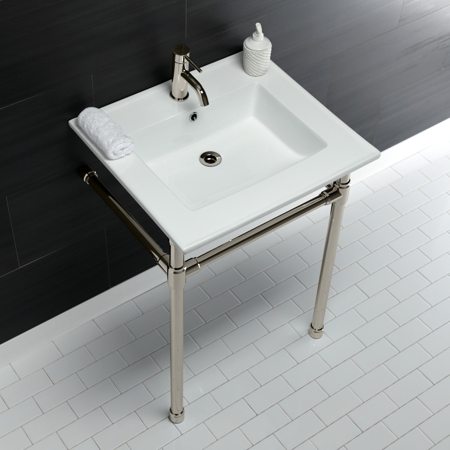 Dreyfuss 25 Inch White Ceramic Console Bathroom Sink with Stainless Steel Legs - Single Hole Faucet for Modern Farmhouse & Contemporary Bathroom Vanities