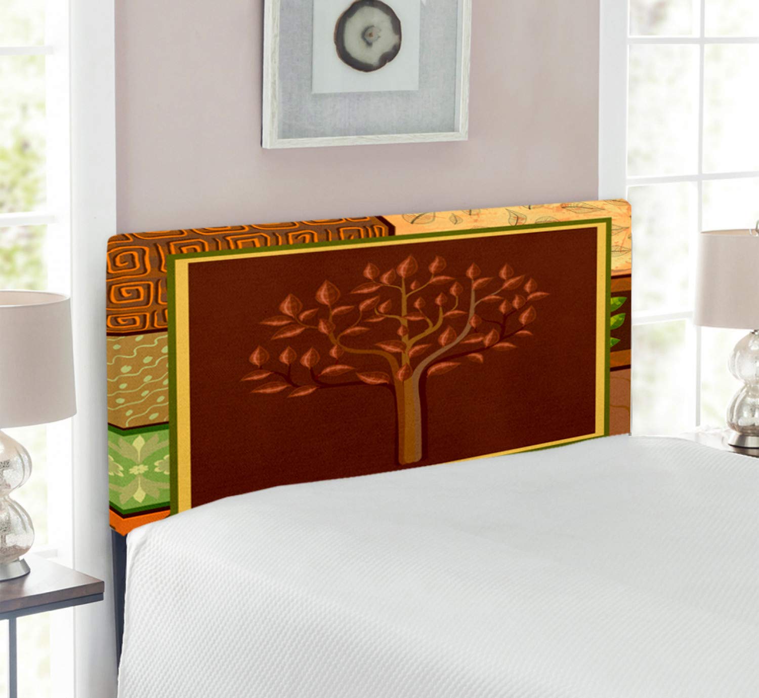 Ambesonne Prehistoric Themed Upholstered Headboard - Twin Size with Memory Foam, Tree & Leaf Floral Folk Pattern in Brown & Green | Perfect for Bedroom Decor, Guest Rooms & Dorm Furniture