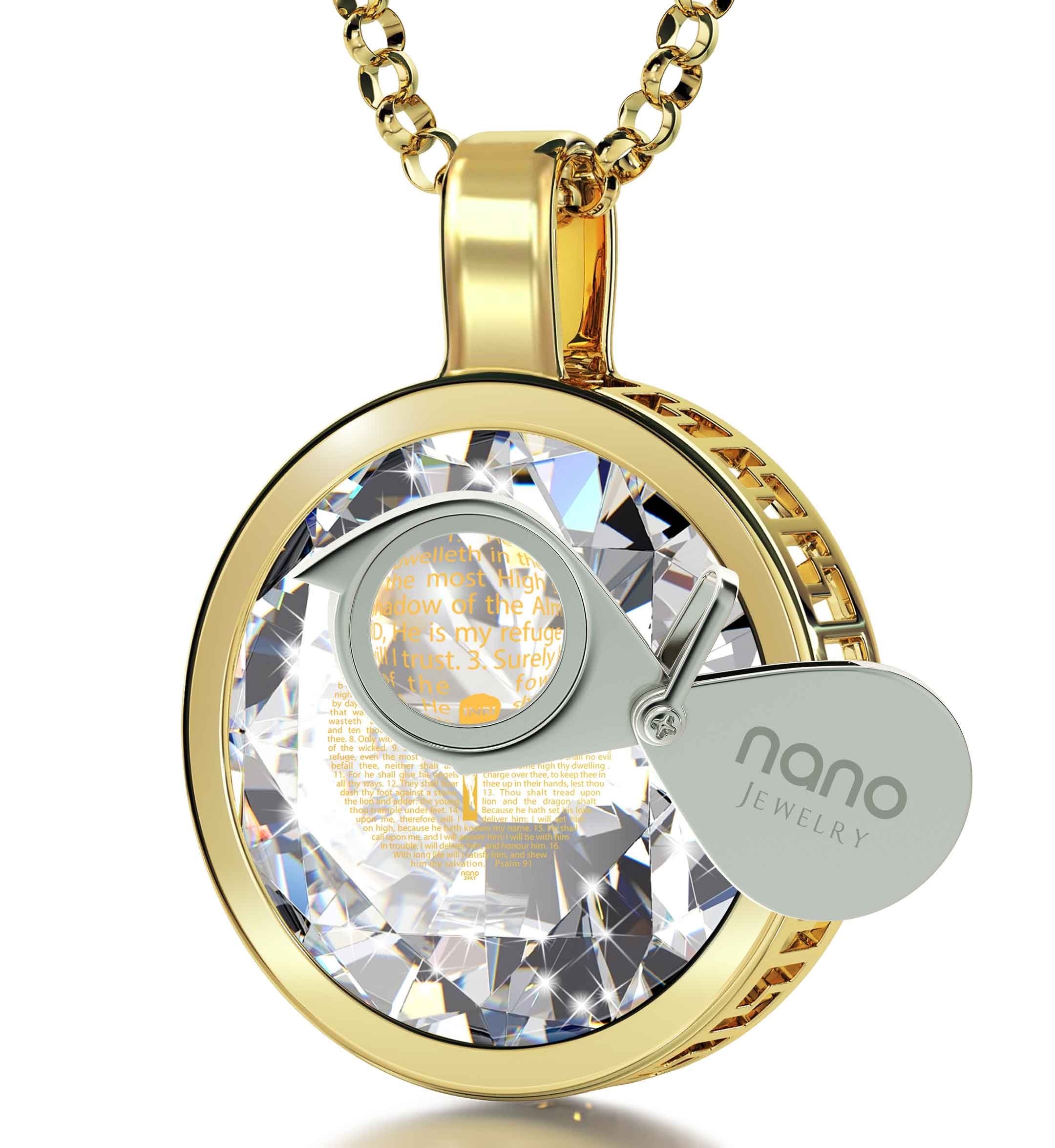 24K Gold Plated Christian Crucifix Necklace with Psalm 91 Engraved on Cubic Zirconia Pendant - 18
