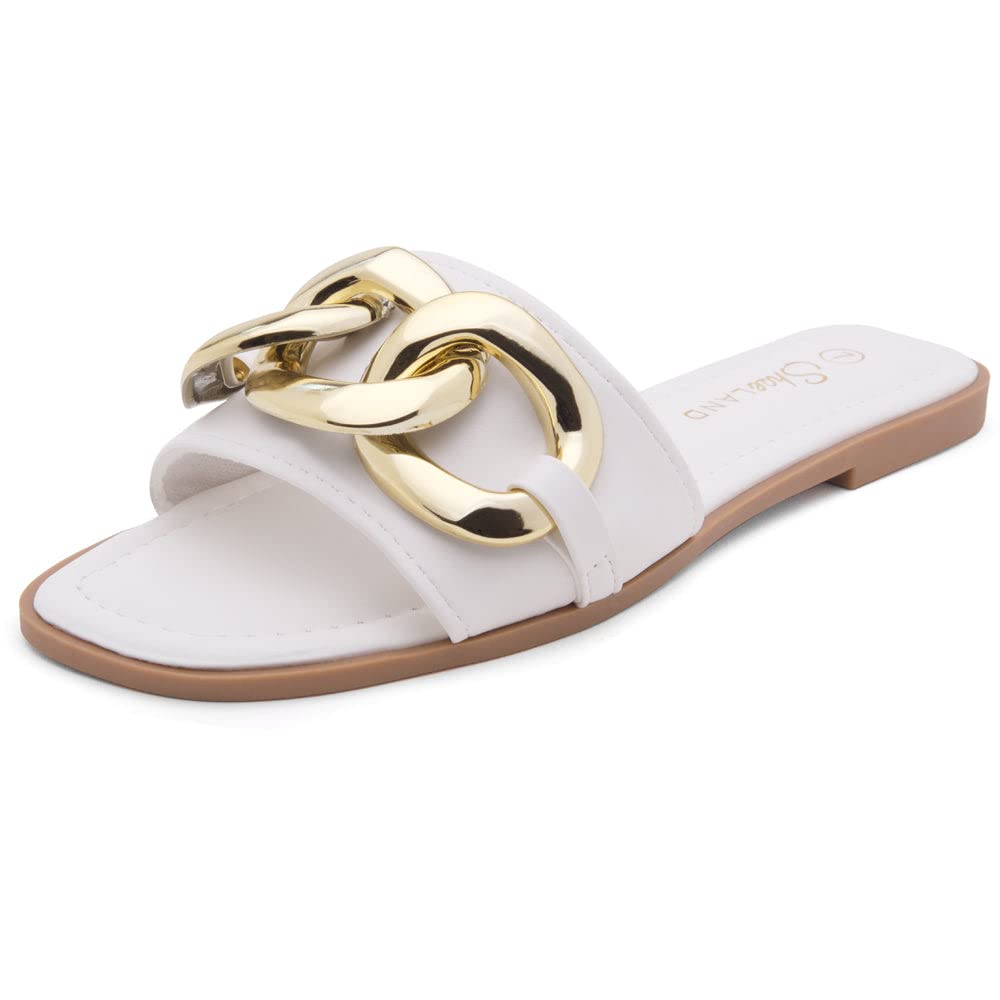 EMMA Women's Flat Sandals - Square Open Toe Single Band Slides with Metal Chain | Comfortable Cushioned Footbed Slip-On Slippers for Summer, Beach, Walking & Daily Wear | Casual & Fashion Sandals for Women