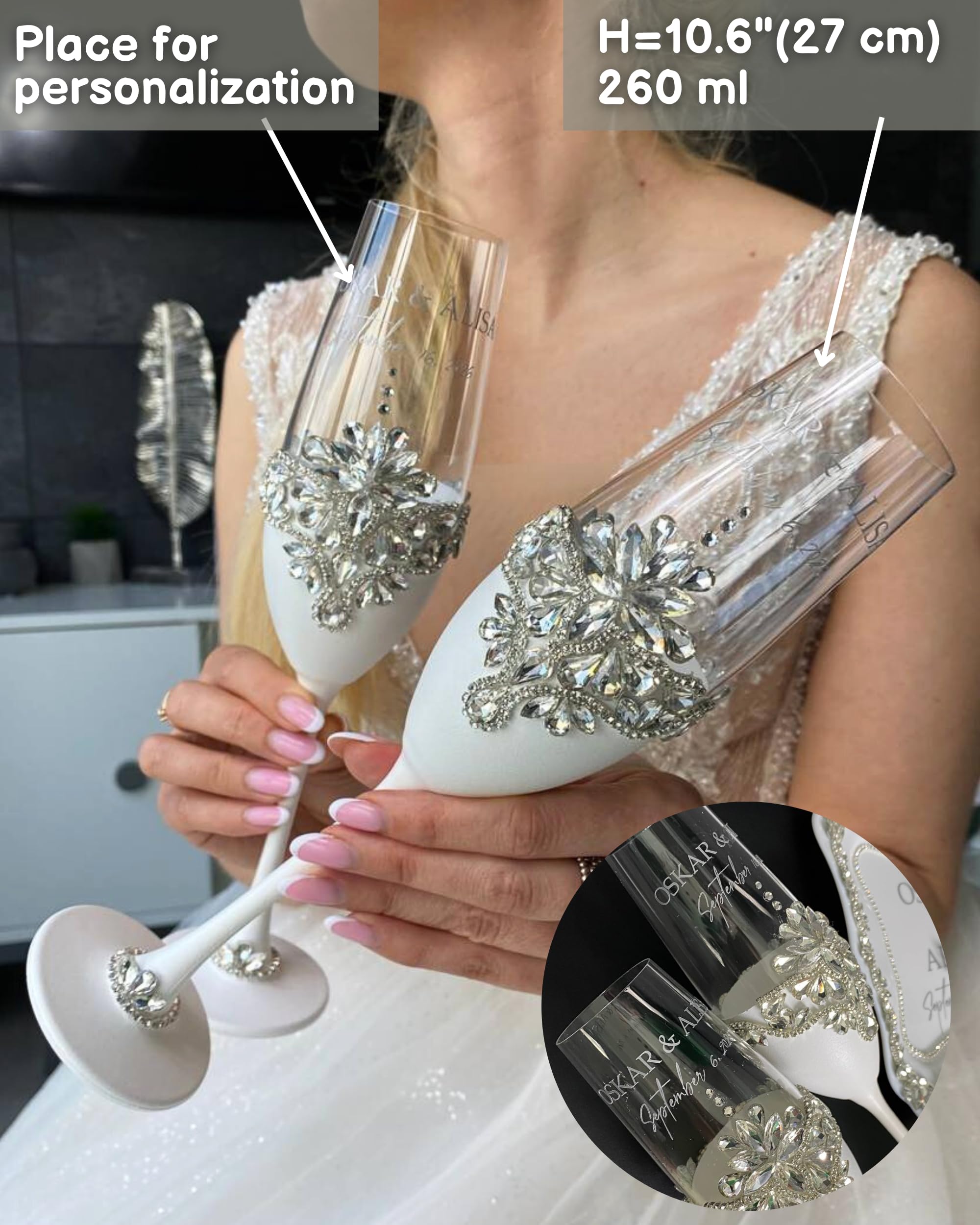 Personalized Wedding Glasses Set of 2 - Champagne Flutes & Cake Cutting Set for Bride and Groom - Elegant White Wedding Serving Set - Perfect for Wedding Toast, Anniversary & Romantic Celebrations