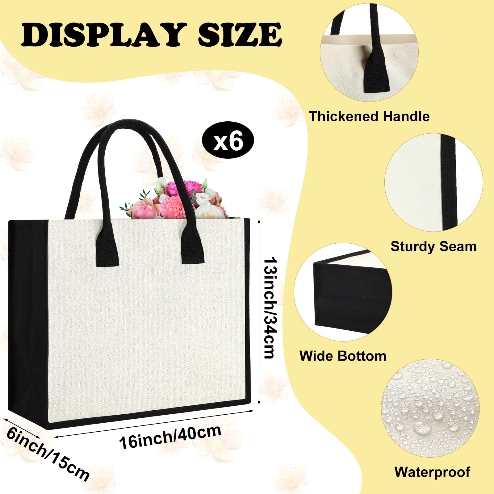 Reginary 6-Pack Personalized Initial Canvas Tote Bags with Handles - Wedding Bridesmaid Gifts, Beach Bags, Teacher Appreciation, College DIY (Black Trim) - Perfect for Bridal Parties, Bachelorette Events & Summer Outings