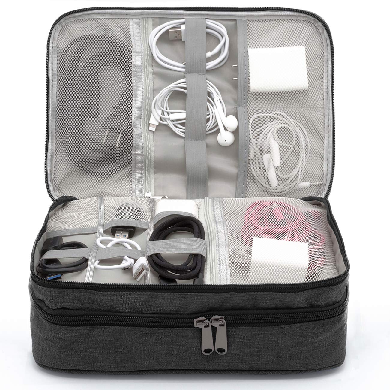 Ruyosn Waterproof Cable Storage Pouch - Large Double Layer Organizer Case for Hard Drives, Cords & Electronics Accessories (Black) | Perfect for Travel, Office & Home Cable Management