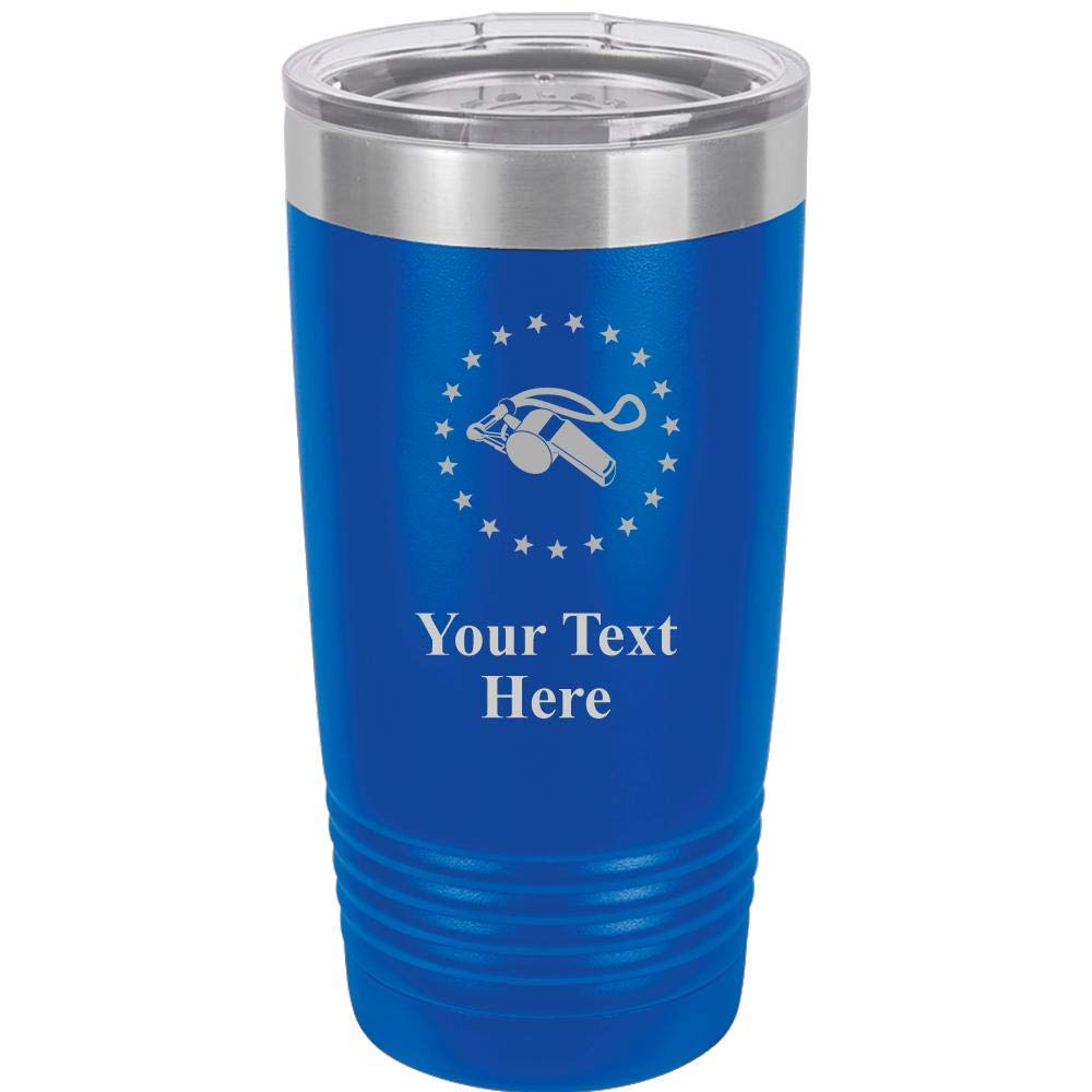 Personalized Coach Whistle Tumbler Mug - 20oz Royal Blue Stainless Steel Vacuum Insulated Cup with Clear Lid | Custom Engraved | Keeps Hot & Cold Beverages | Perfect for Sports Coaching, Outdoor Activities & Office Use