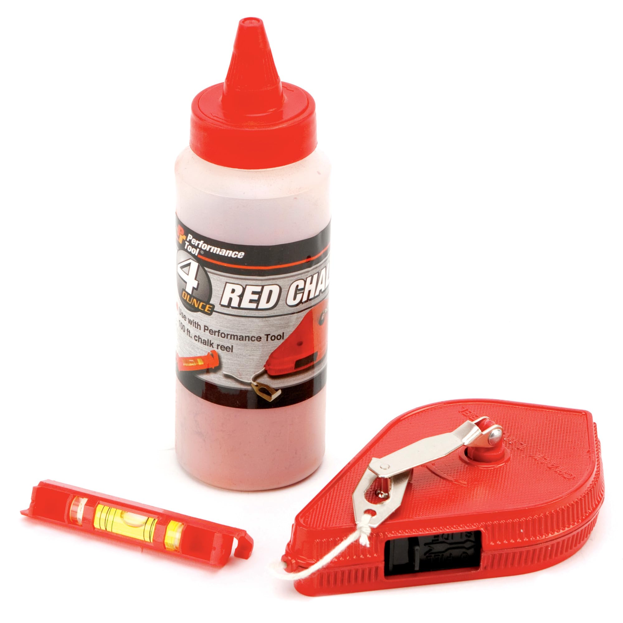 Performance Tool W5512 100ft Chalk Reel with Line Level & Plumb Bob - Heavy Duty Zinc Alloy Construction, 4oz Red Chalk - Perfect for Construction, Carpentry, Masonry and DIY Projects