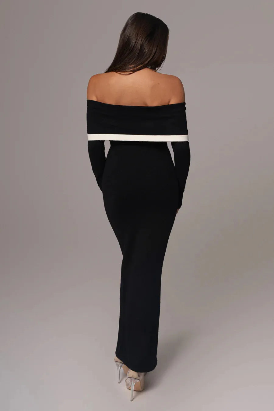Sexy Black & Brown Off-the-Shoulder Bandage Bodycon Dress for Women - Long Sleeve Slash Neck Party Gown for Evening Celebrations, Club Nights & Date Nights