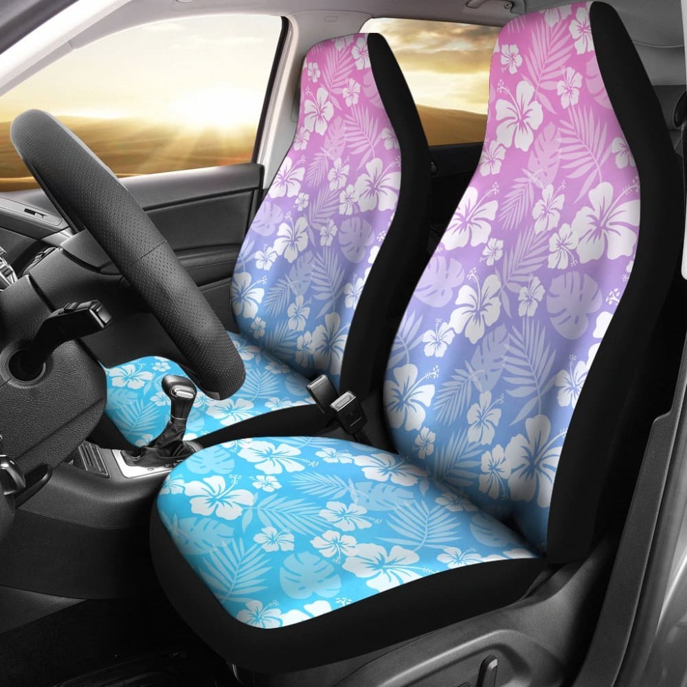 Blue, Purple & Pink Ombre Car Seat Covers with White Hibiscus Pattern - Waterproof, Universal Fit for Cars, SUVs & Trucks - Stylish Protection for Road Trips & Daily Commutes