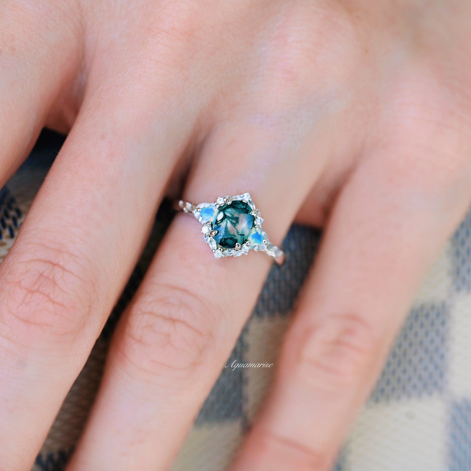 Elegant Moss Agate & Opalescent Sapphire Leaf Ring in Sterling Silver - Perfect for Nature-Inspired Jewelry Lovers, Weddings & Boho Fashion