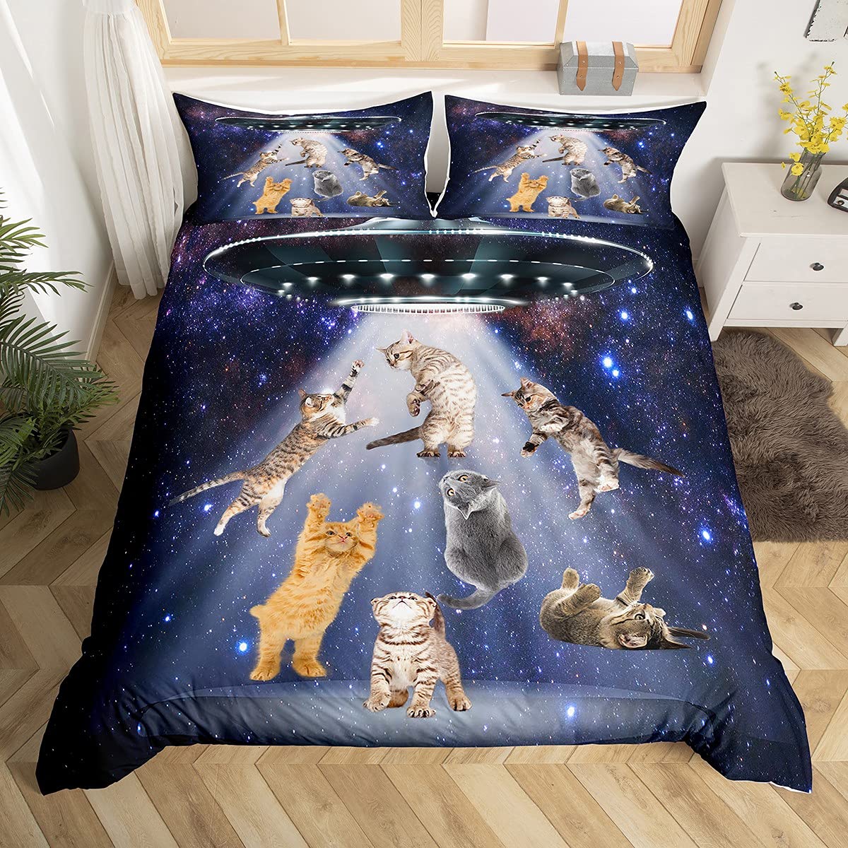 Feelyou Twin Size Cat Duvet Cover Set - 3 Piece Microfiber Comforter Cover with Pillowcase | Cute Galaxy Nebula Cat Design, Zipper Closure | Perfect for Kids' Rooms, Dorm Decor & Cat Lover Gifts