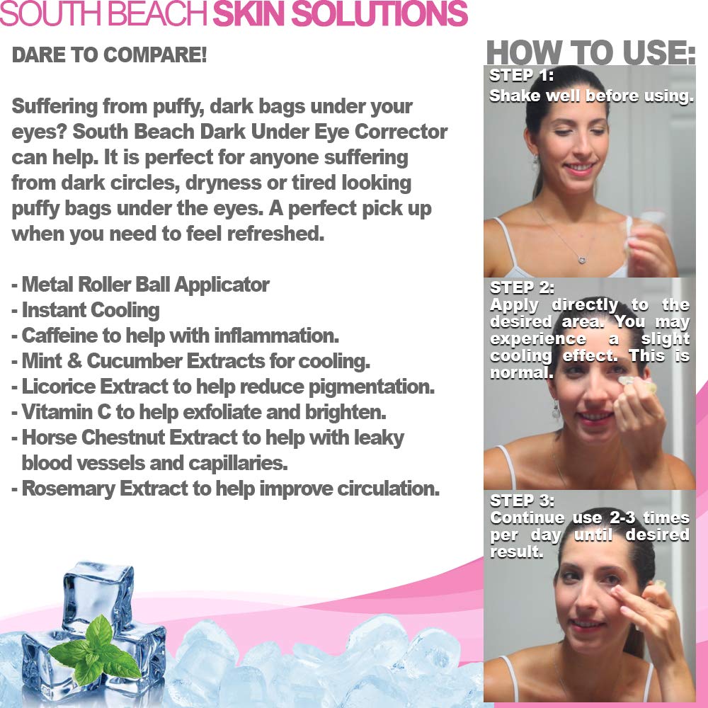 South Beach Dark Under Eye Corrector - Natural Salon Strength Anti-Aging Eye Cream for Dark Circles, Puffiness & Bags | Hydrating Treatment for Tired Eyes | Safe, Chemical-Free Formula | Perfect for Daily Use & Nighttime Skincare Routine