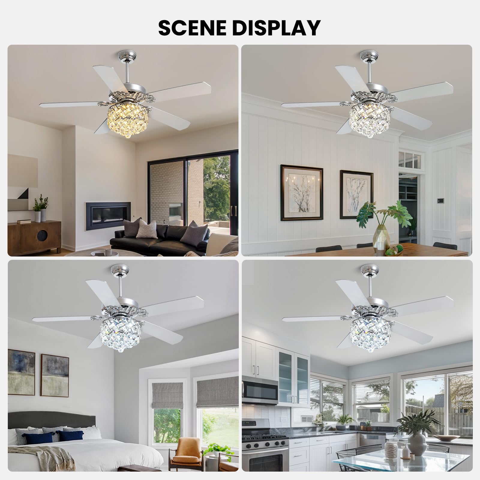 CROSSIO 52 Inch Modern Crystal Ceiling Fan with Dimmable LED Light - Remote Control Reversible Chandelier Fan for Bedroom, Living Room & Dining Room - Chrome Finish - Energy Efficient Cooling & Stylish Home Decor