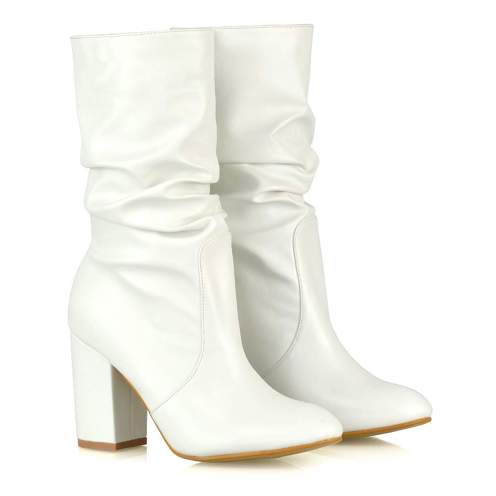 Women's Mid Calf High Heel Boots - Winter Faux Suede Pull On Booties with Ruched Detail | Perfect for Office, Date Night & Cold Weather Fashion