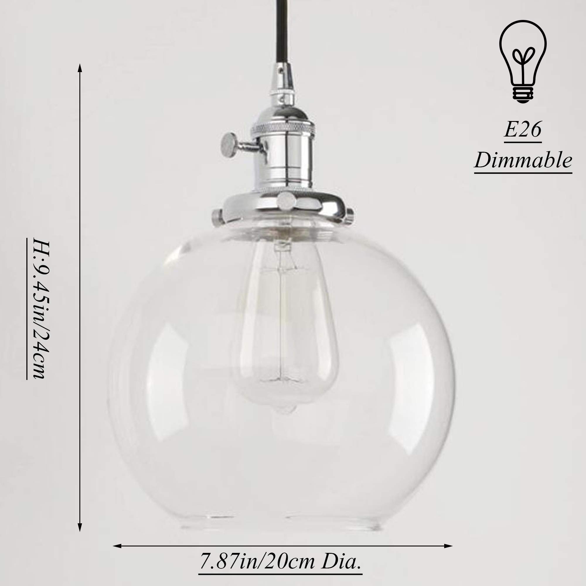 Plug-in Hanging Swag Lamp with 15ft Black Cord & UL Dimmer Switch - Clear Glass Globe Shade & Chrome Holder - No Wiring Needed Pendant Light for Kitchen Island, Dining Room, Bedroom or Living Room Decor