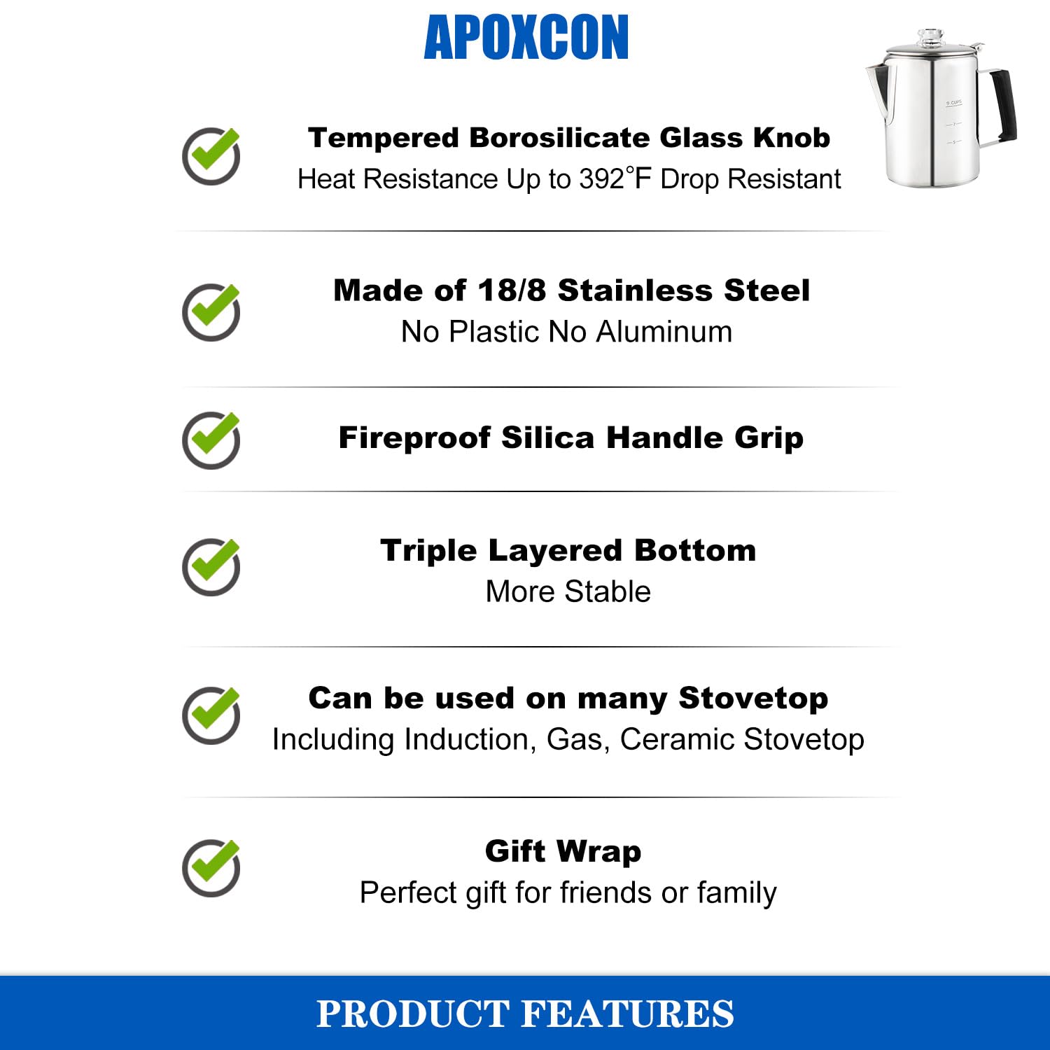 Premium Stainless Steel Percolator Coffee Pot - 9 Cup Stovetop Coffee Maker with Borosilicate Glass Knob & Heat-Resistant Handle for Camping, Home & Office - Compatible with Gas Stove, Induction Cooker & Campfire - Perfect for Outdoor Adventures & Daily Brewing