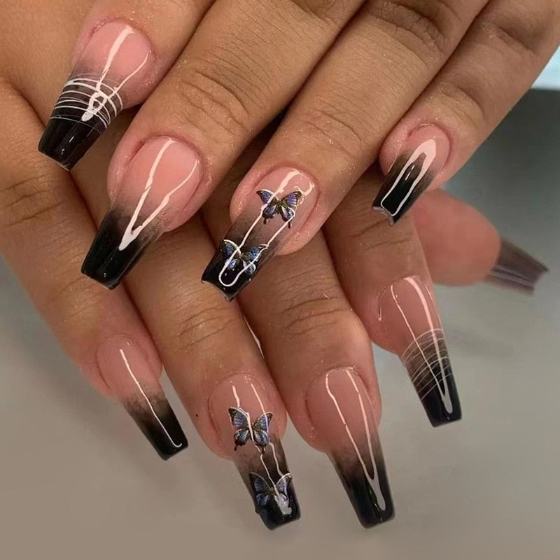 24pcs Long Ballerina French False Nails with Love Heart Design, Green Halo & Gold Thread - Full Cover Press on Nail Tips for Parties, Weddings & Special Occasions