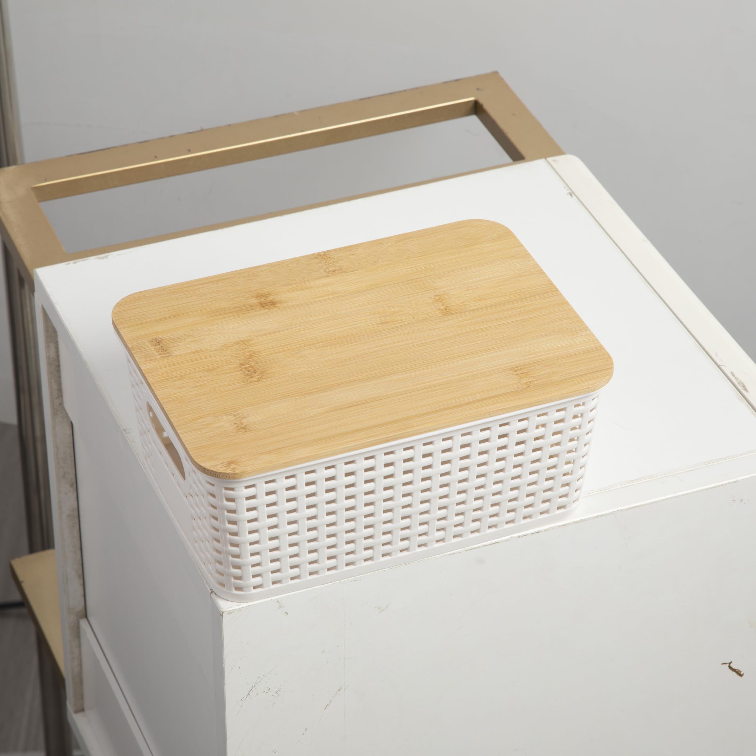 Stackable Plastic Storage Bins with Bamboo Lids - 6 Pack White Toy Organizer Boxes for Kids Room, Pantry, Bathroom & Classroom Storage | Space-Saving Home & Office Organization Solution