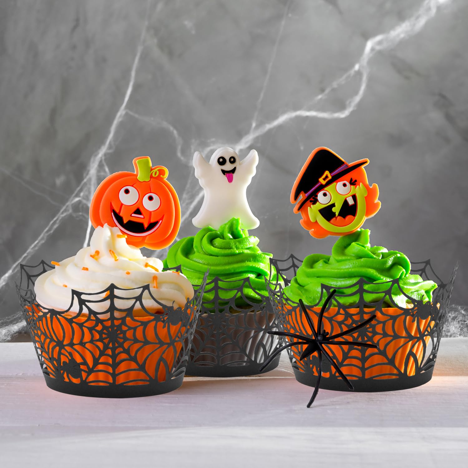 Spooky Halloween Cupcake Wrappers - 10PCS Spider Web Ghost Broom Witch Design, Black Laser Cut Paper Cupcake Liners for Halloween Party Decorations & Themed Desserts | Perfect for Halloween Baking, Cupcake Displays & Spooky Dessert Tables