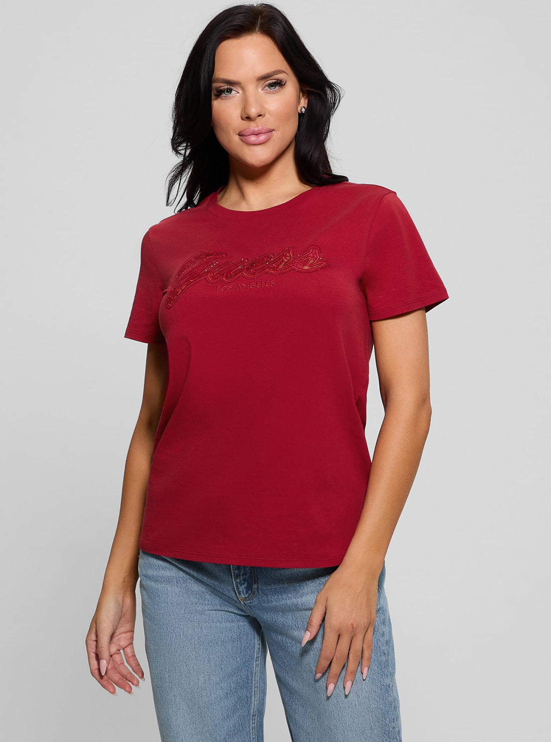 Eco-Friendly Red Script Lace Logo T-Shirt for Women - Casual Cotton Tee for Everyday Wear, Street Style & Summer Outfits