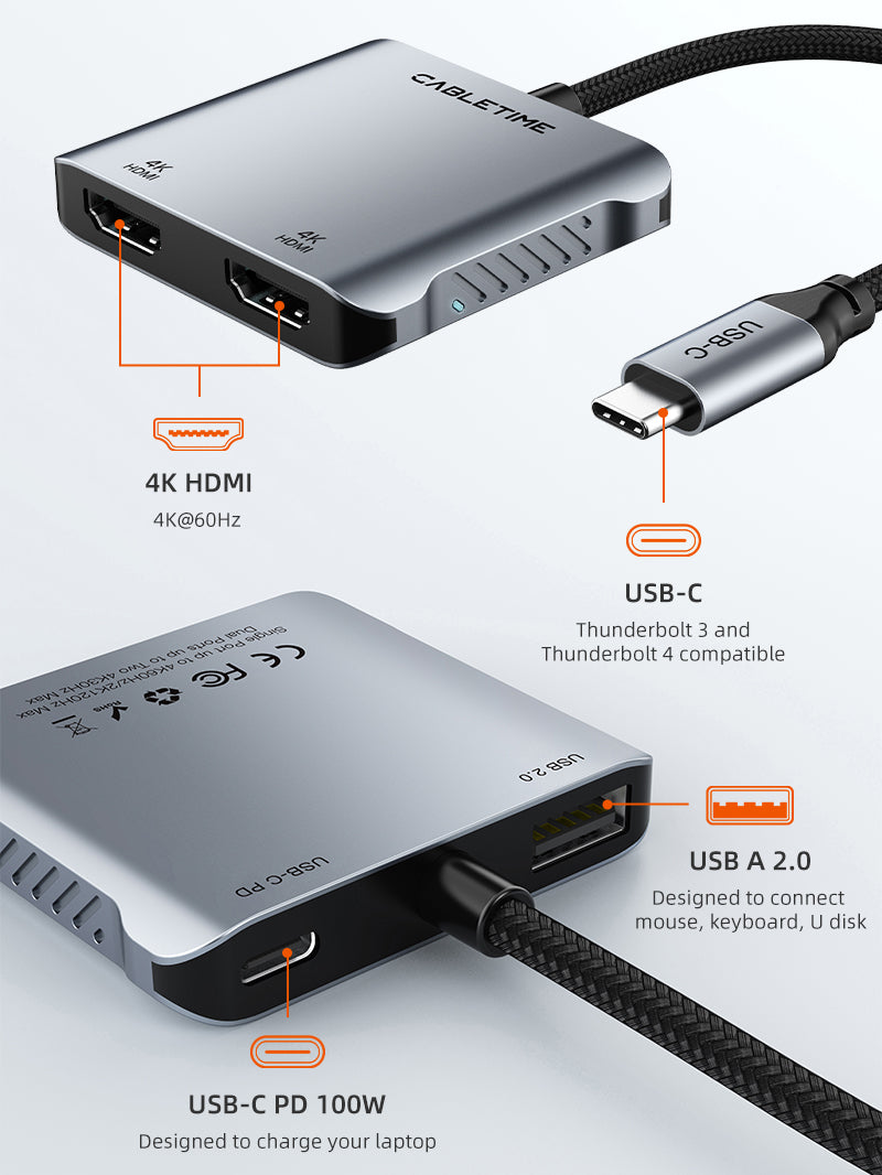 4K 60Hz MST USB C to Dual HDMI Adapter Hub - Extend or Mirror Displays for Laptop, Desktop, Gaming & Home Office Setup