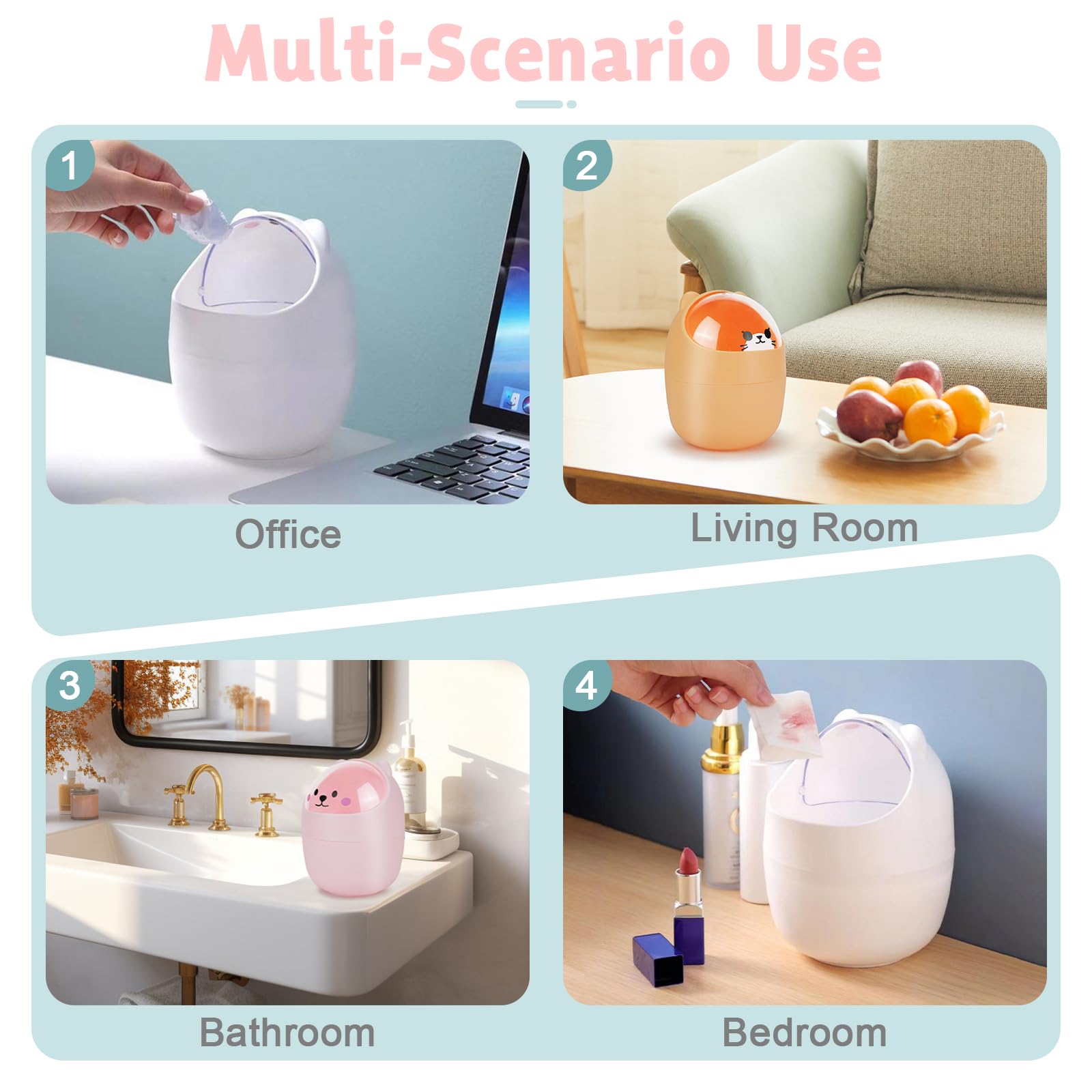 3PCS Mini Trash Can with 200 Trash Bags - Cute Cartoon Animal Small Waste Bin with Swing Lid for Home, Office, Kitchen, Bedroom & Dressing Table - Perfect for Desks, Countertops and Small Spaces