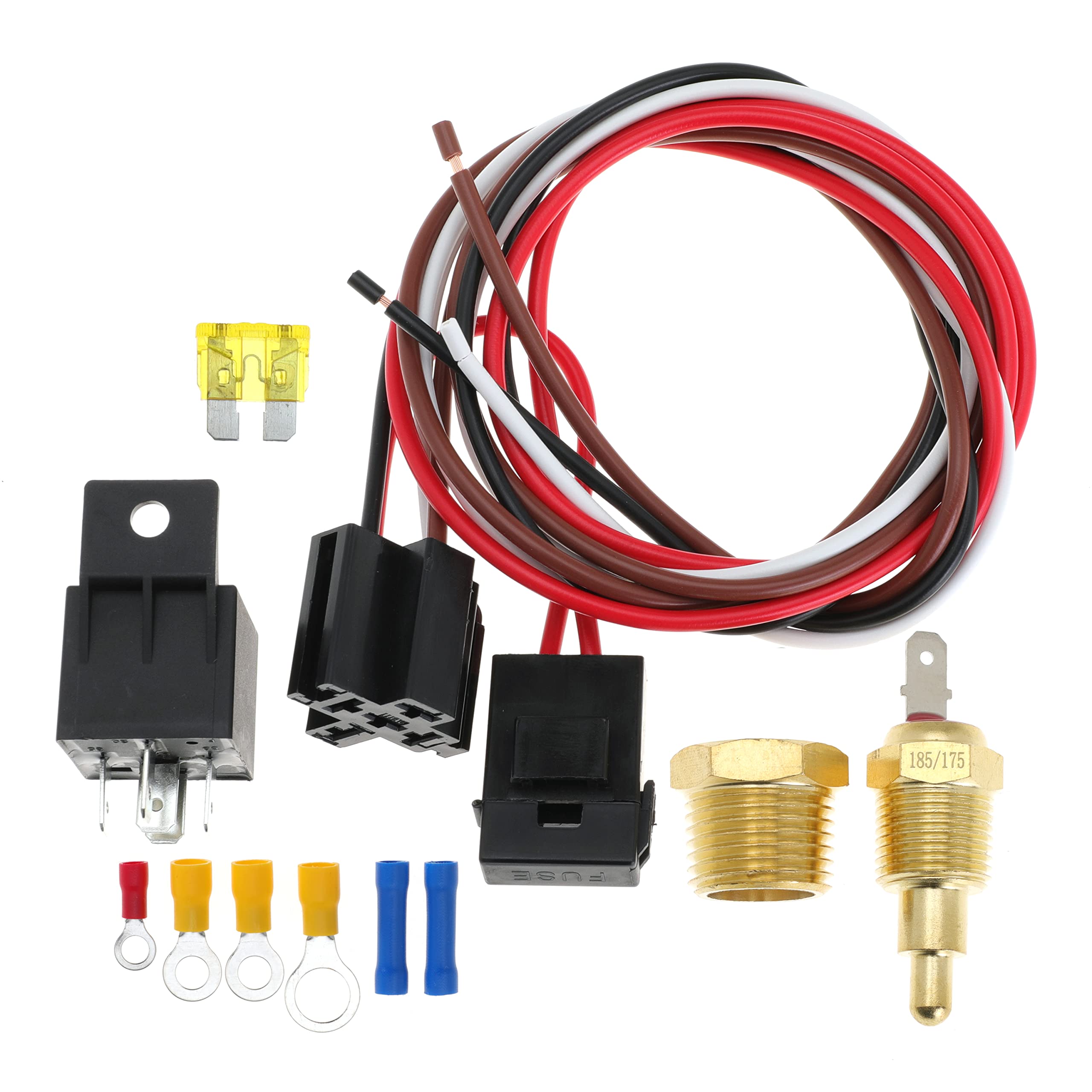 40 AMP Waterproof Electric Fan Relay Kit with Thermostat - 185°F On/175°F Off Temperature Sensor Switch - Universal Radiator Cooling Fan Wiring Harness for Cars, Trucks & SUVs - Perfect for Engine Overheating Protection & Improved Cooling Performance