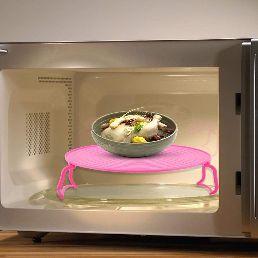Mumusuki 2 Tier Microwave Plate Rack - Foldable Plastic Microwave Oven Shelf for Heating, Steaming & Cooking - Space Saving Kitchen Organizer (Red) | Perfect for Reheating Food, Steaming Vegetables & Organizing Small Kitchens