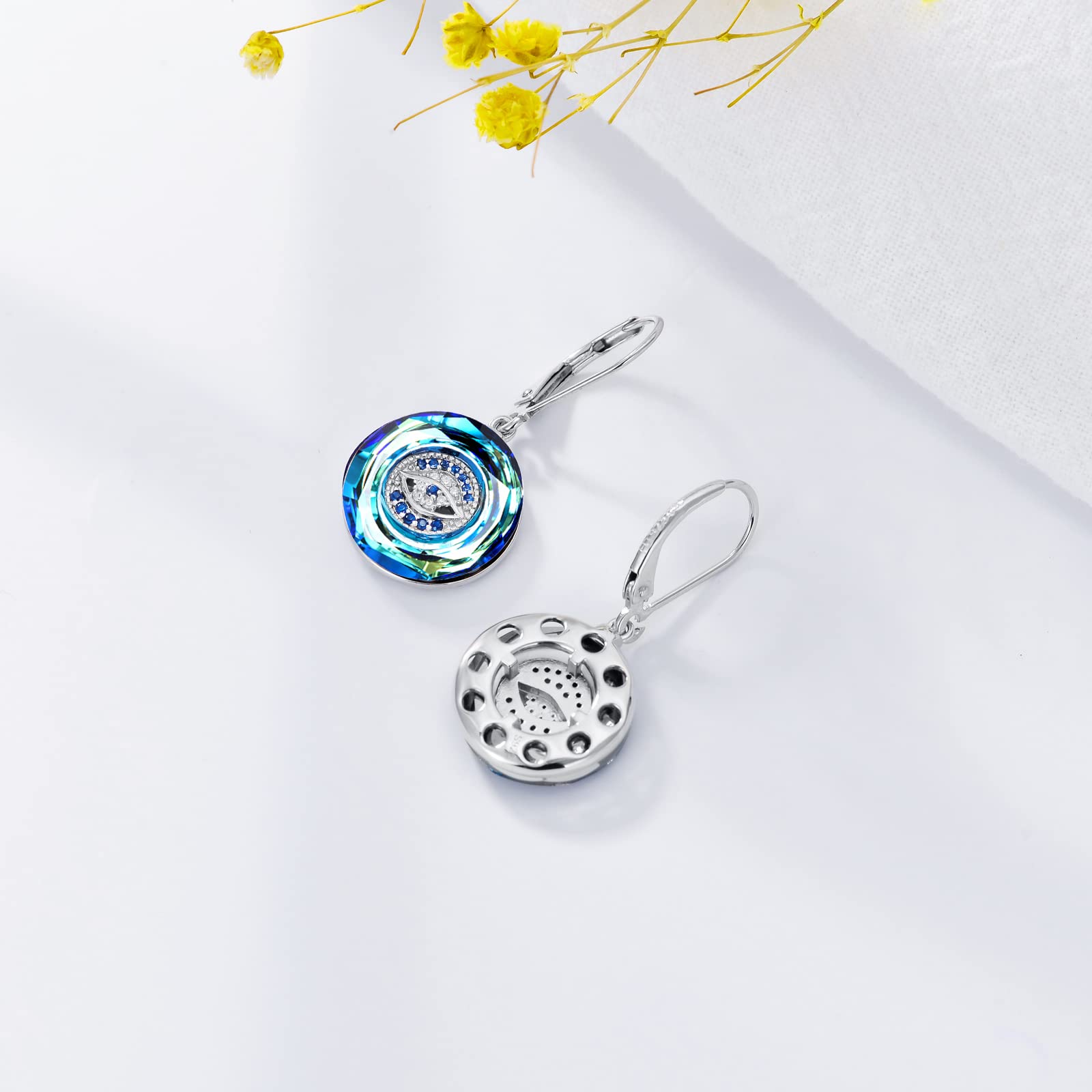 PEIMKO Sterling Silver Evil Eye Leverback Earrings with Crystal - Round Good Luck Protection Jewelry for Women - Perfect for Everyday Wear, Gift Giving & Spiritual Protection