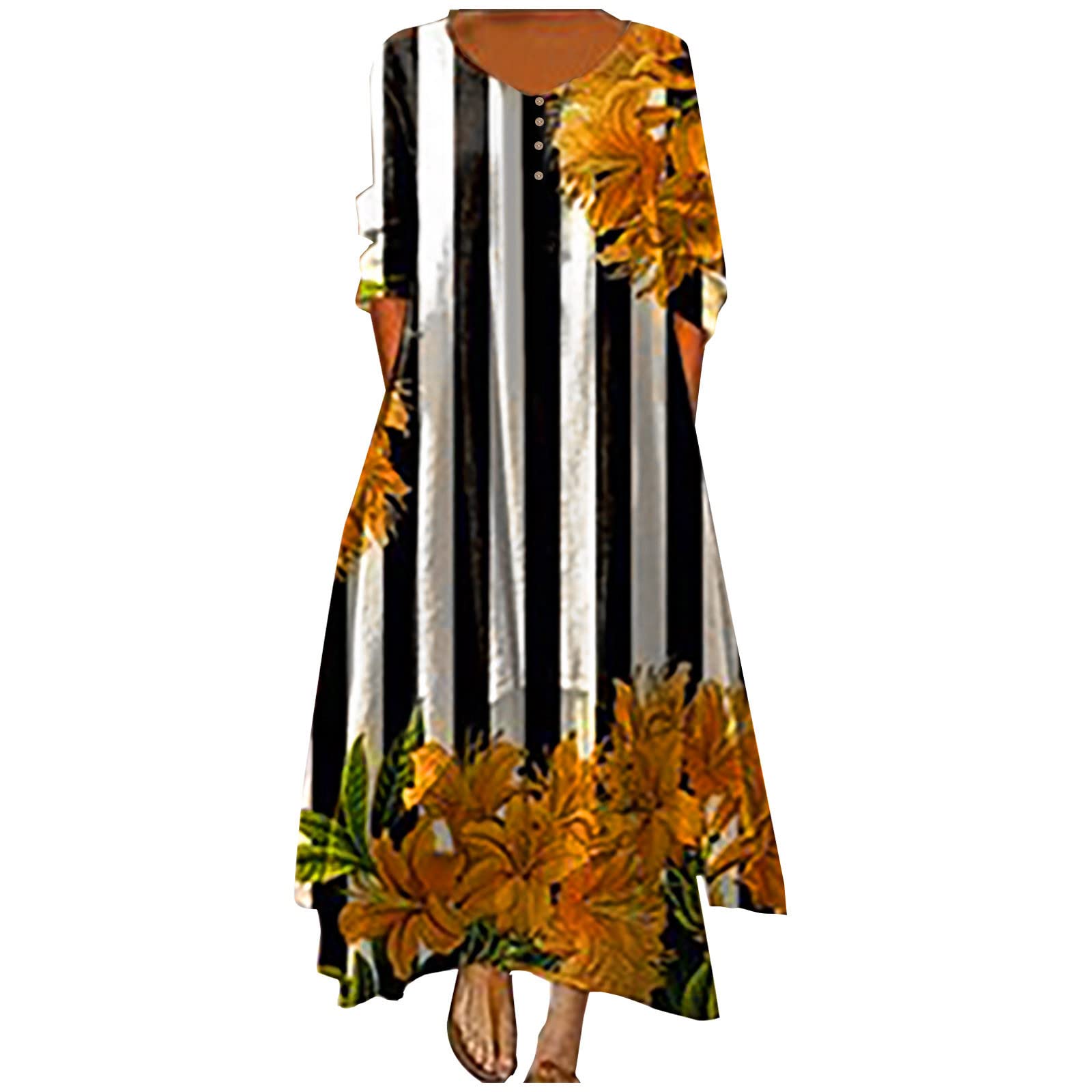 2022 Women's Summer Dresses - Vintage Floral Print Long Sleeve Maxi Dress with Pockets | Casual Crewneck Fake Two-Piece Design | Perfect for Beach Vacations, Date Nights & Outdoor Parties