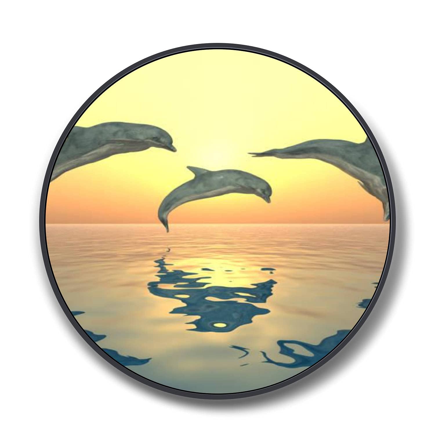 Round Framed Canvas Wall Art - Three Jumping Dolphins at Sunset - Ocean Themed Home Decor for Bedroom & Living Room - Black Wood Frame Ready to Hang - 32 Inch - Perfect for Coastal & Nautical Interior Design