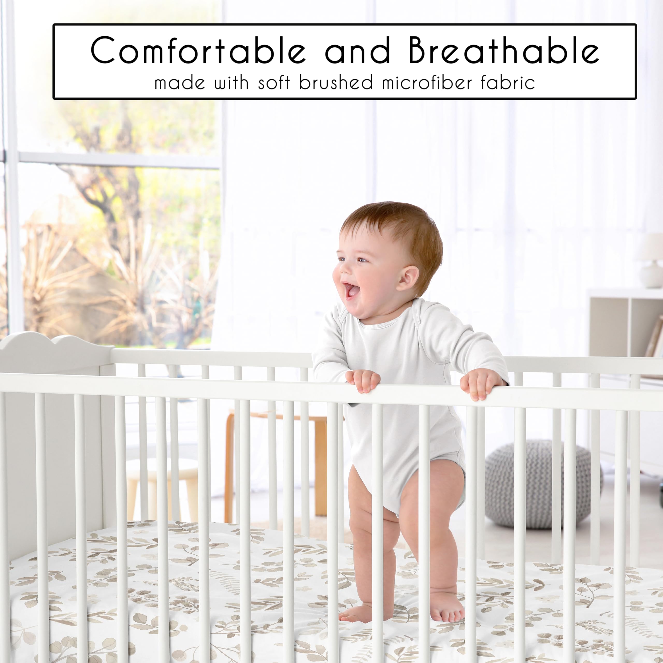 Sweet Jojo Designs 4-Piece Baby Crib Bedding Set - Woodland Boho Leaf Nursery Decor for Girls & Infants | Includes Blanket, Fitted Sheet, Skirt & Diaper Stacker | Neutral Taupe Linen Botanical Floral Farmhouse Style | Perfect for Nursery, Baby Shower & Gender-Neutral Room Decor