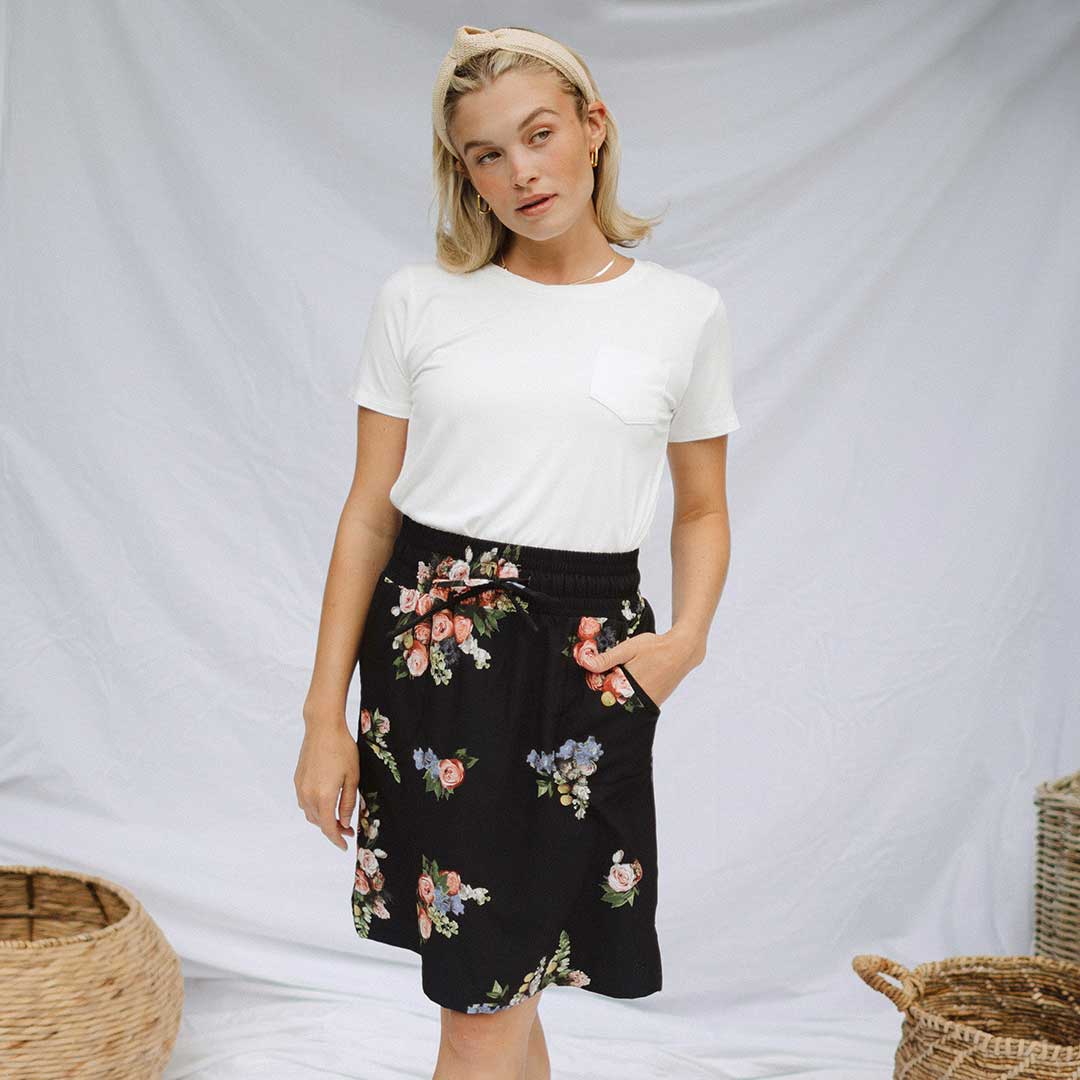 The Away Skirt - Rose Black Floral Print Midi Skirt for Women | Perfect for Office, Date Night & Summer Outfits