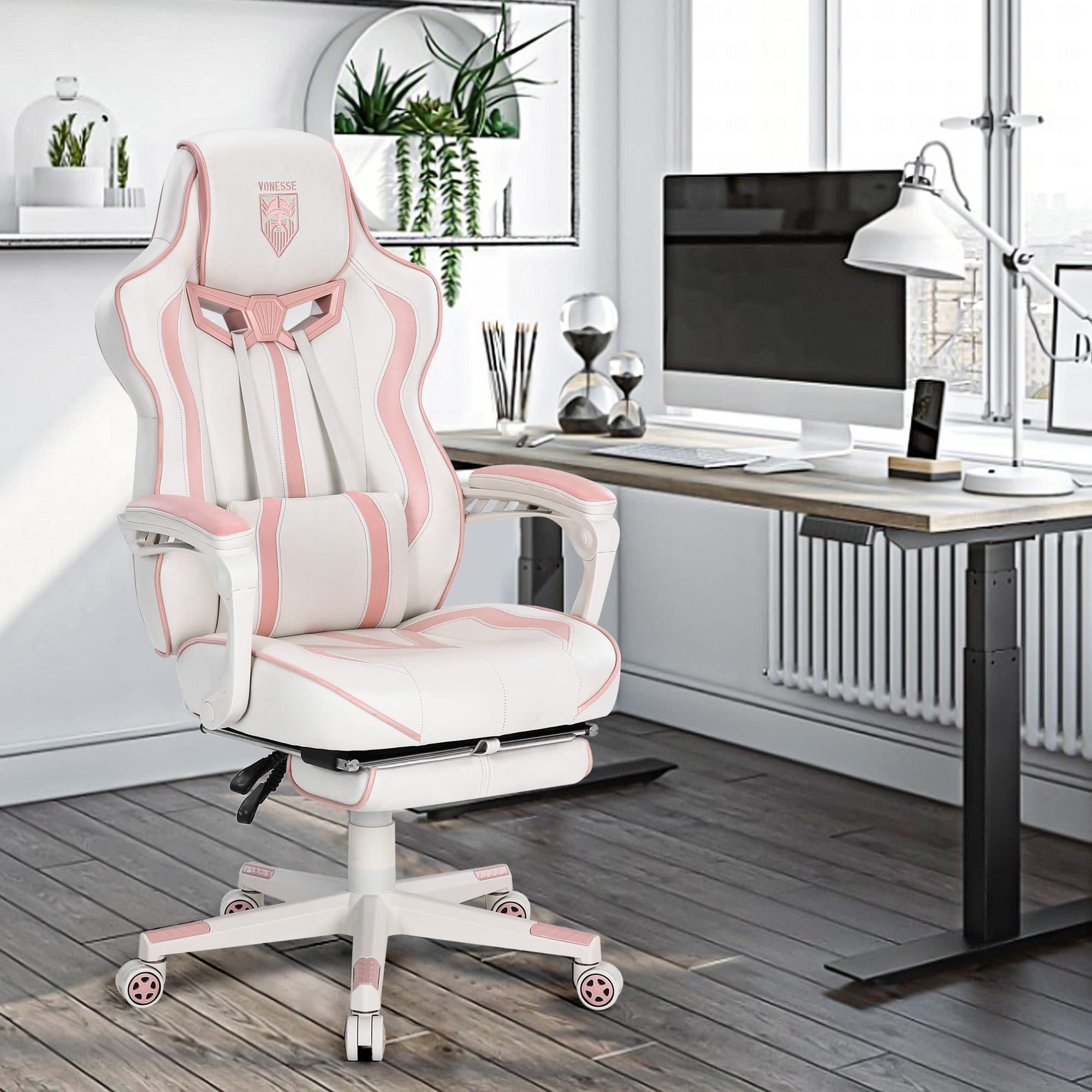 Vonesse Pink Gaming Chair for Girls & Women - Ergonomic High Back Computer Gaming Chair with Reclining Feature, Footrest & Massage - Perfect for Home Office, Streaming & Esports (White/Pink)