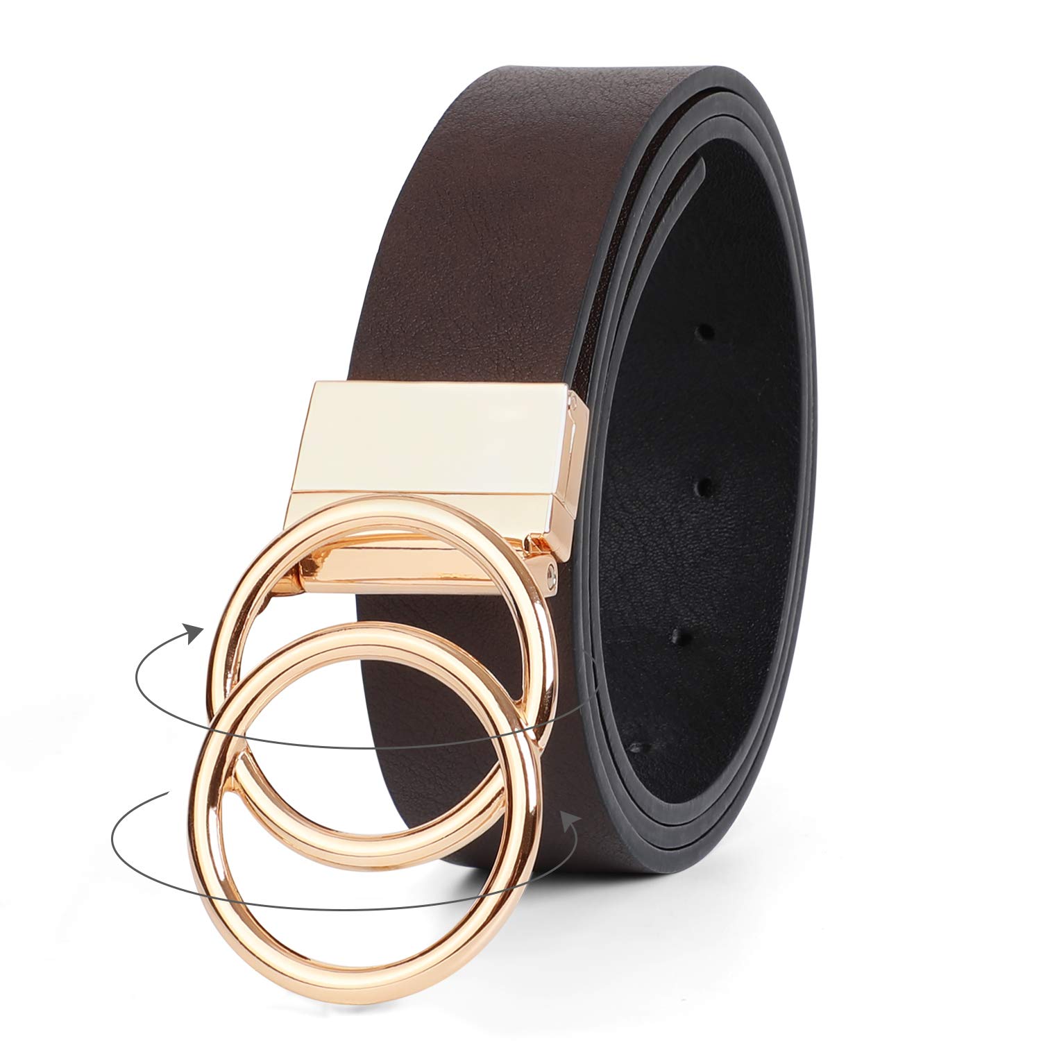 JASGOOD Women's Reversible Leather Belt with Gold Double O Ring Buckle - Stylish Waist Belt for Jeans, Dresses & Everyday Outfits | Perfect for Office, Casual Wear & Date Nights