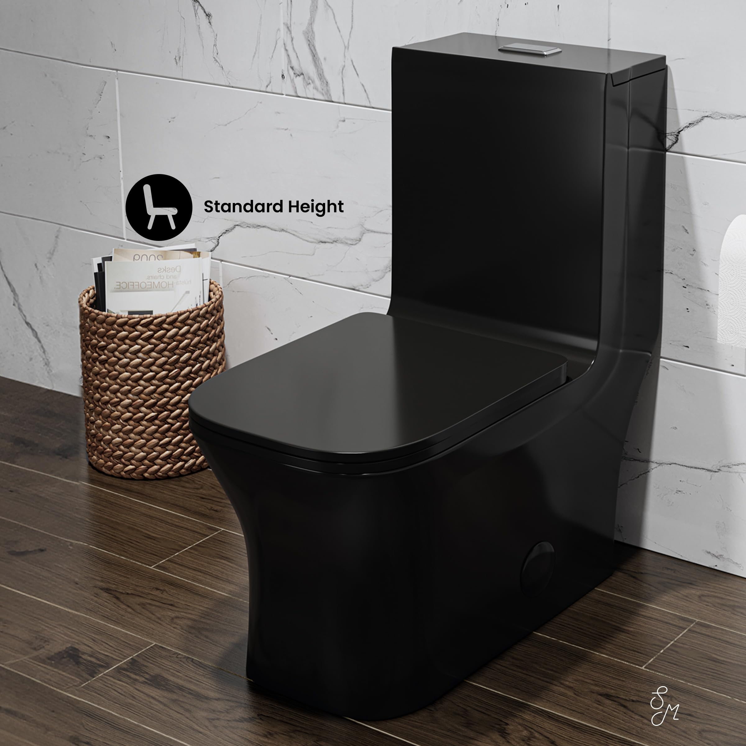 Concorde One Piece Square Toilet with Dual Flush 1.1/1.6 GPF - Glossy Black Modern Water-Saving Bathroom Fixture for Home & Commercial Use