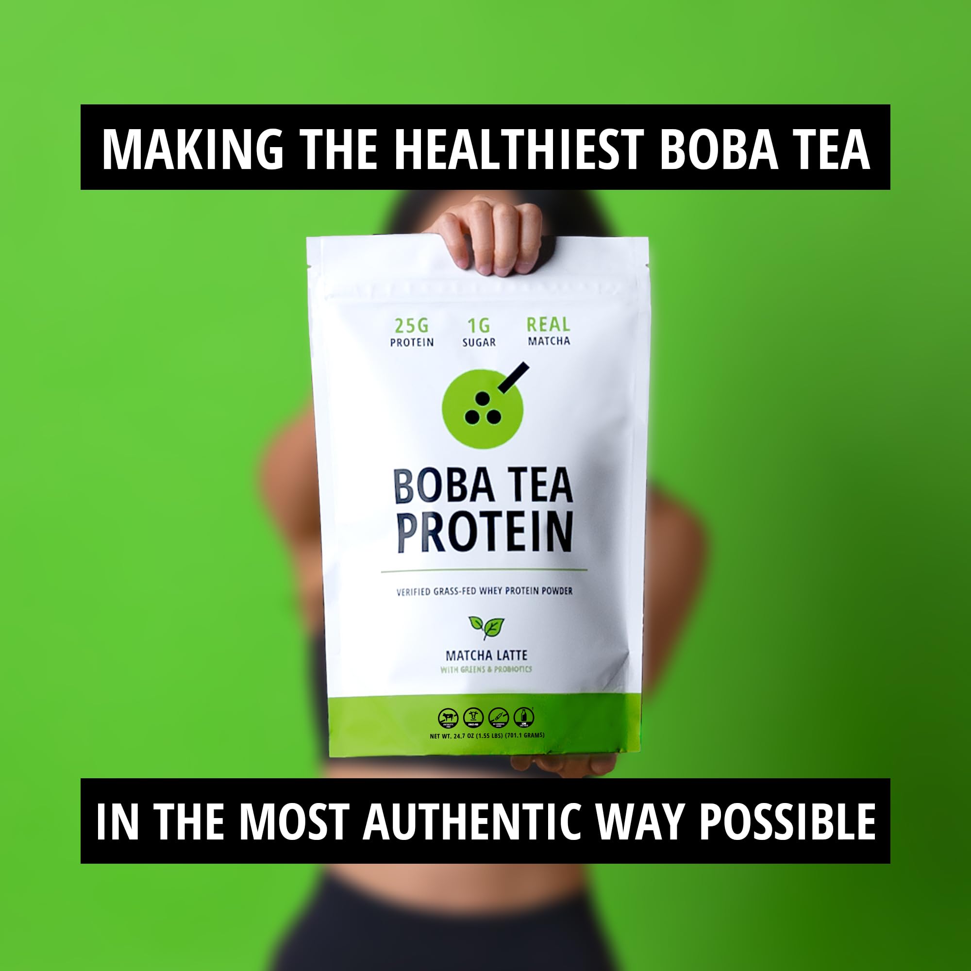 Boba Tea Protein Matcha Latte Powder | 25g Grass-Fed Whey Protein Isolate | Gluten-Free, Soy-Free & Lactose-Free Protein Drink | 19 Servings with Real Ingredients | Perfect for Post-Workout Recovery, Healthy Snacking & Bubble Tea Lovers