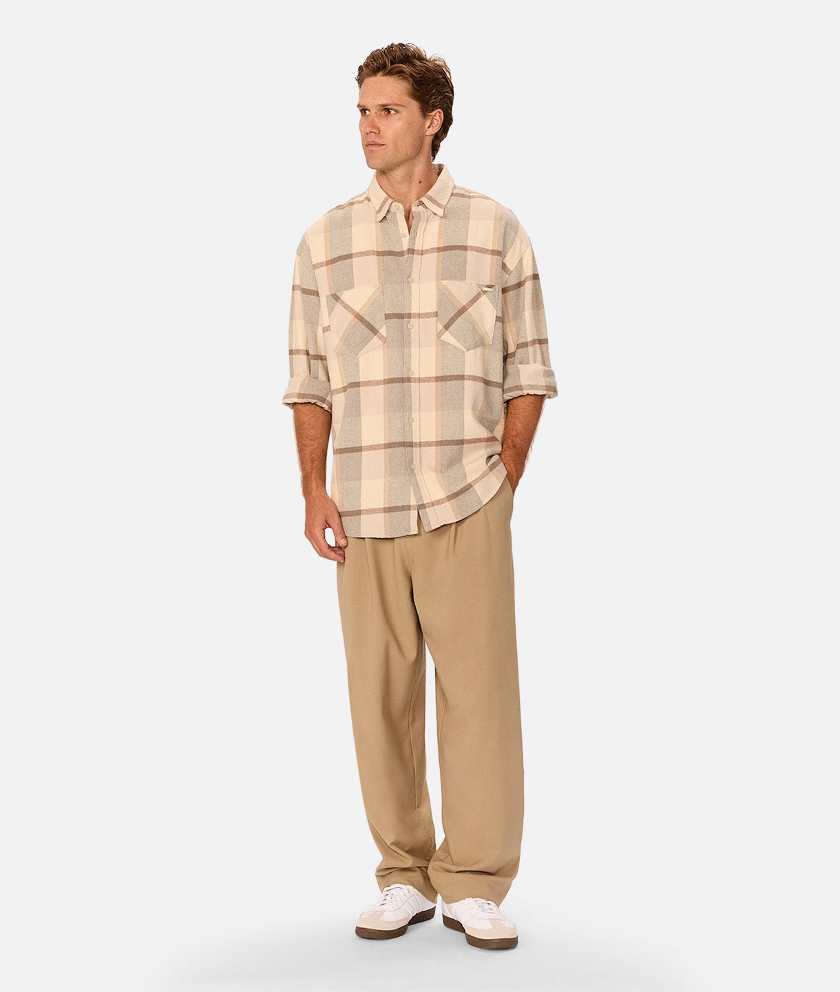 Hillside Long Sleeve Shirt for Men - Beige Charcoal Casual Button Down Shirt - Perfect for Office, Business Casual & Outdoor Activities