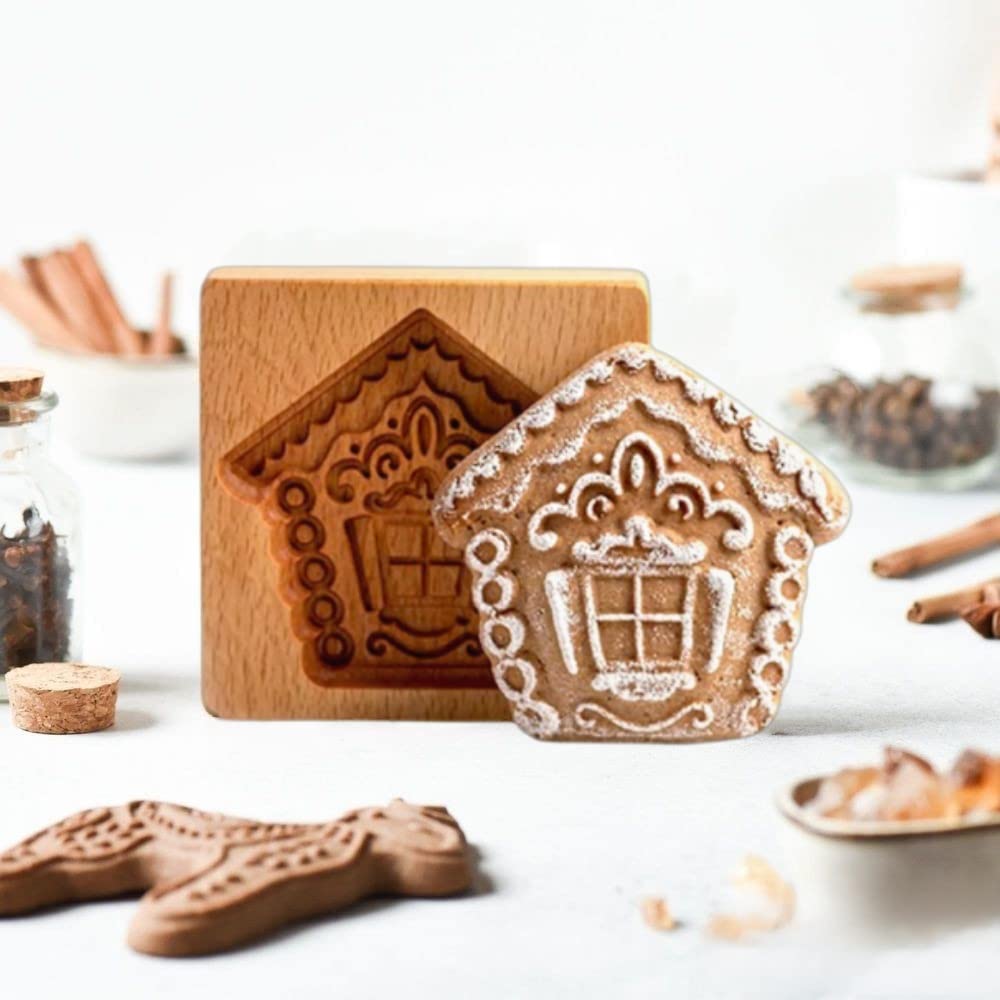 Hand-Carved Wooden Cookie Molds for Baking - DIY Gingerbread & Biscuit Embossing Press Stamp - House-Shaped Wood Kitchen Cookie Cutter for Christmas, Wedding & Holiday Decorations